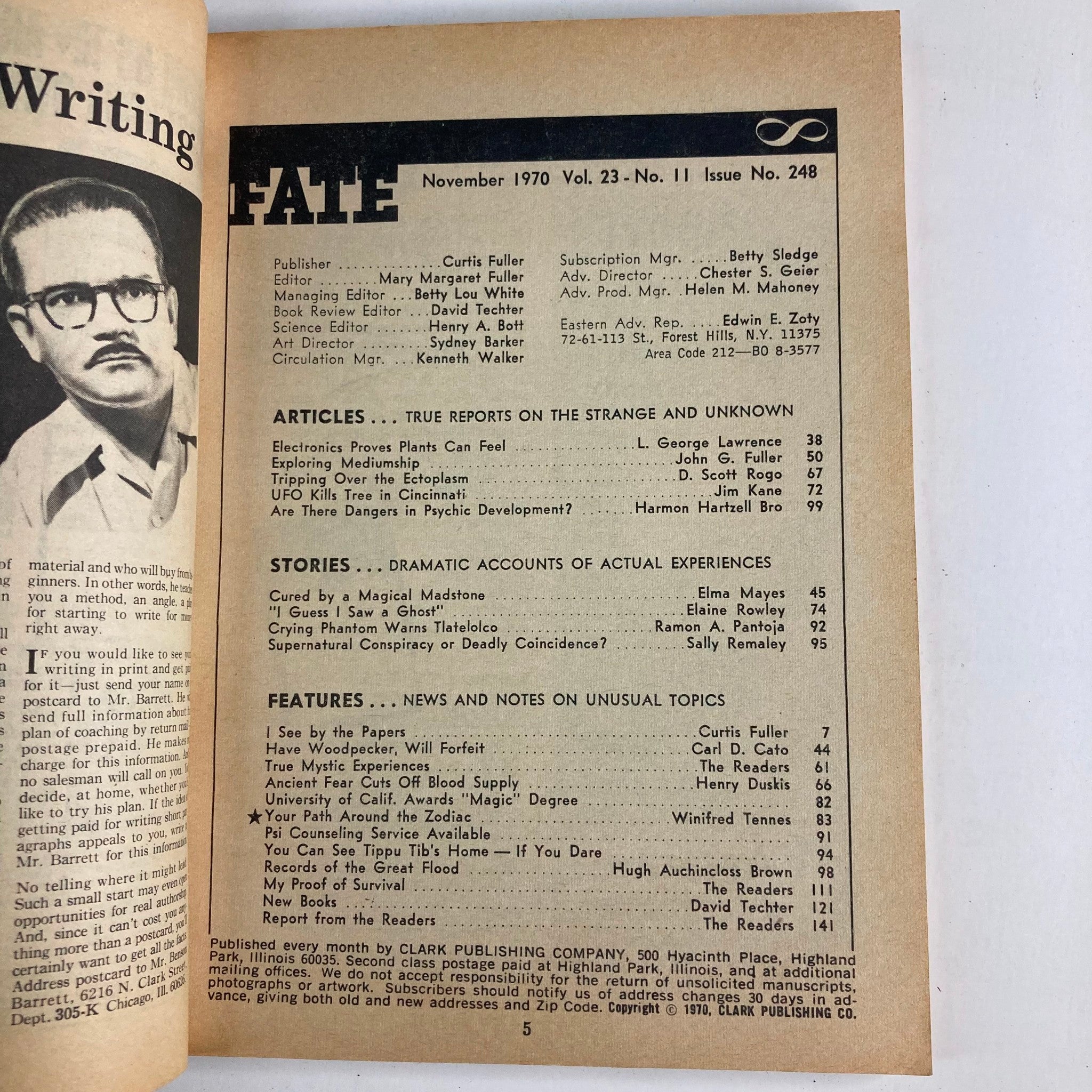 VTG Fate Magazine November 1970 Vol 23 No. 11 My Proof of Survival No Label - Table of contents featuring articles on strange phenomena, dramatic accounts of experiences, and unusual topics along with publisher information.