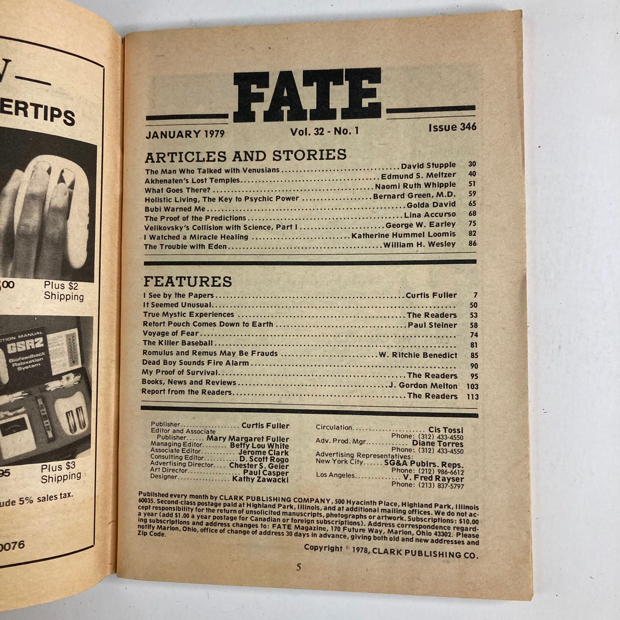 Interior page of VTG Fate Magazine January 1979 Vol 32 No. 1 listing articles and stories, highlighting the intriguing themes of mysticism and extraterrestrial experiences.