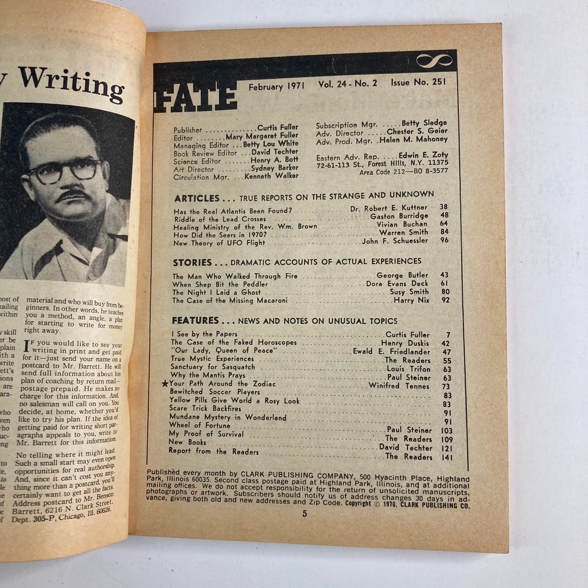 Inside page of VTG Fate Magazine February 1971 Vol 24 No. 2 displaying the table of contents with articles and features on strange phenomena and unknown topics.