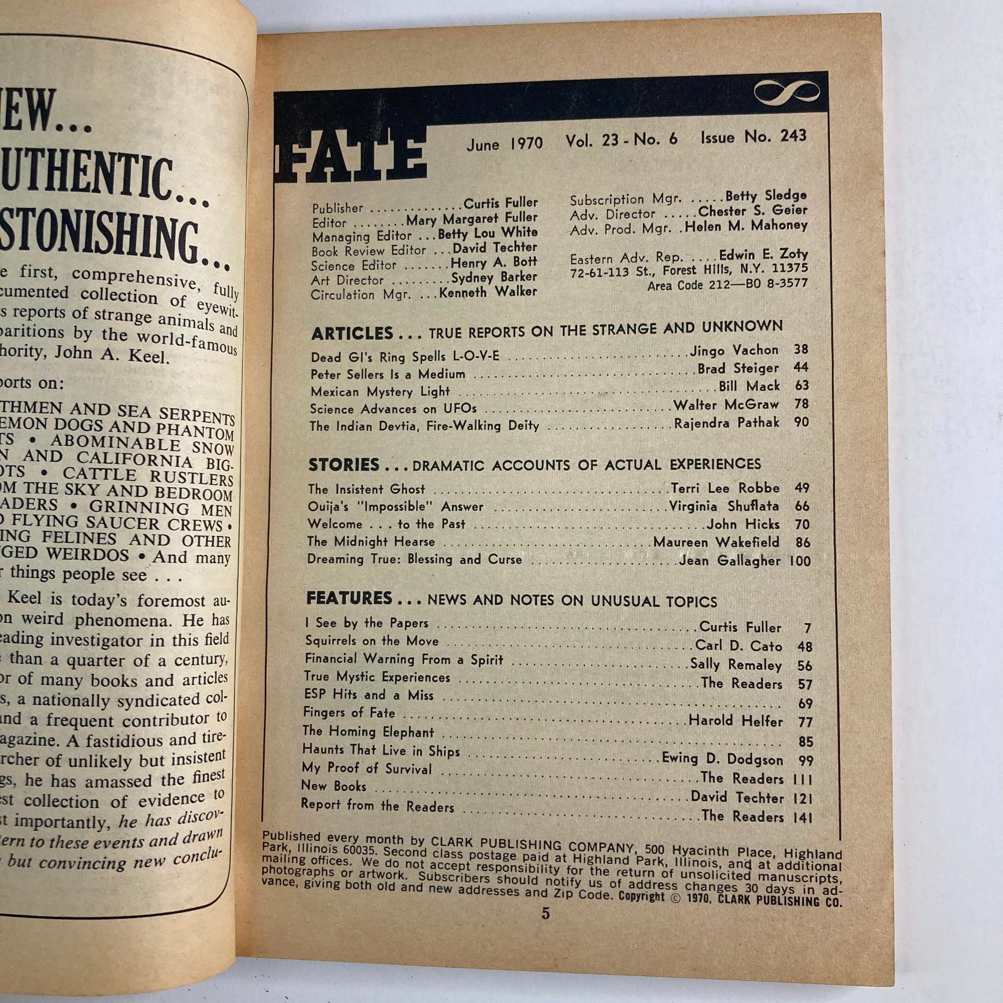Cover page of VTG Fate Magazine, June 1970, Vol 23 No. 6 featuring articles on the strange and unknown, including Peter Sellers' success, with details on contributors and content.