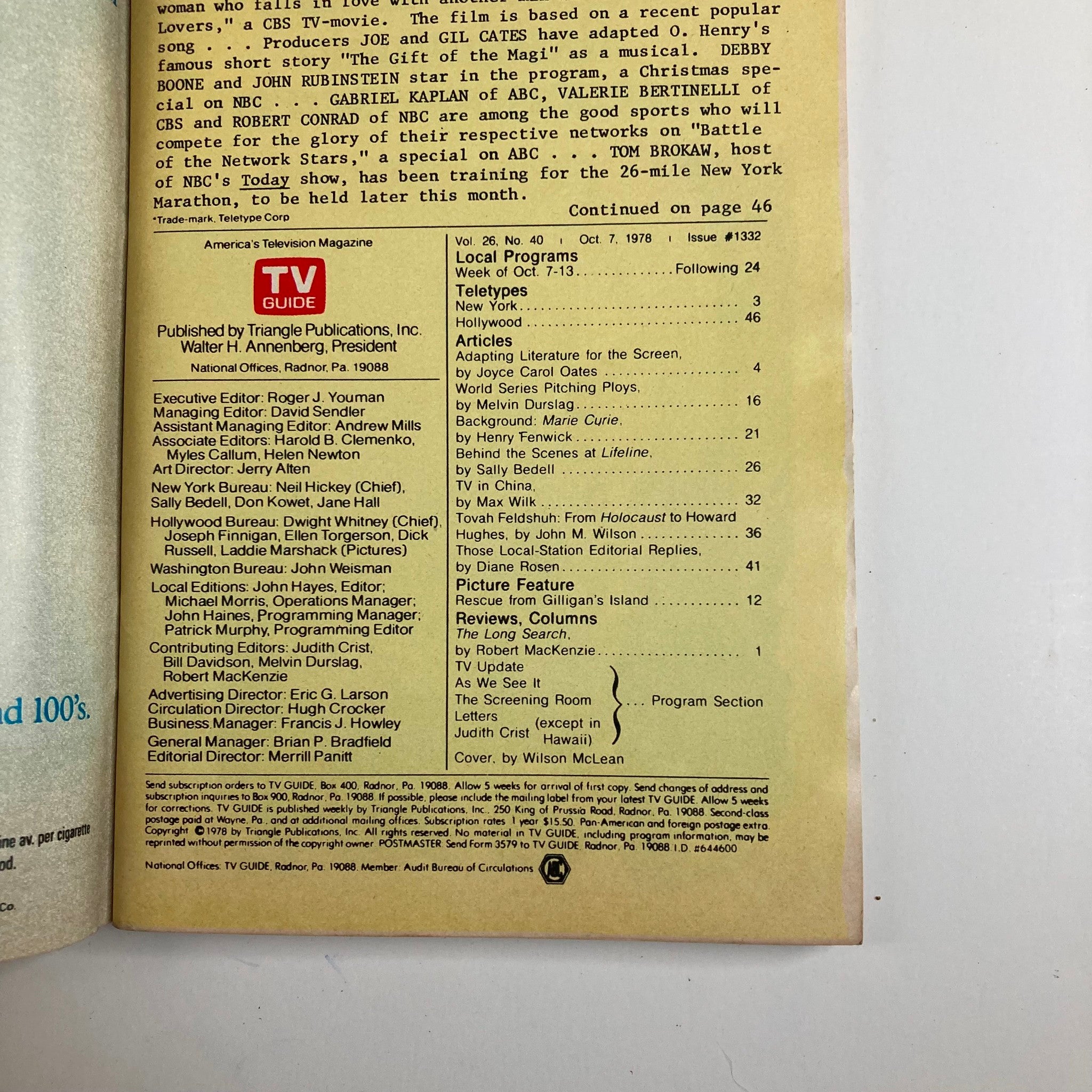 Back cover of TV Guide Magazine October 7, 1978 #1332 featuring articles and program listings. The magazine showcases 'Pitching Ploys' theme and offers insights into 1978 television programming, including executive editorial details and local program schedules.