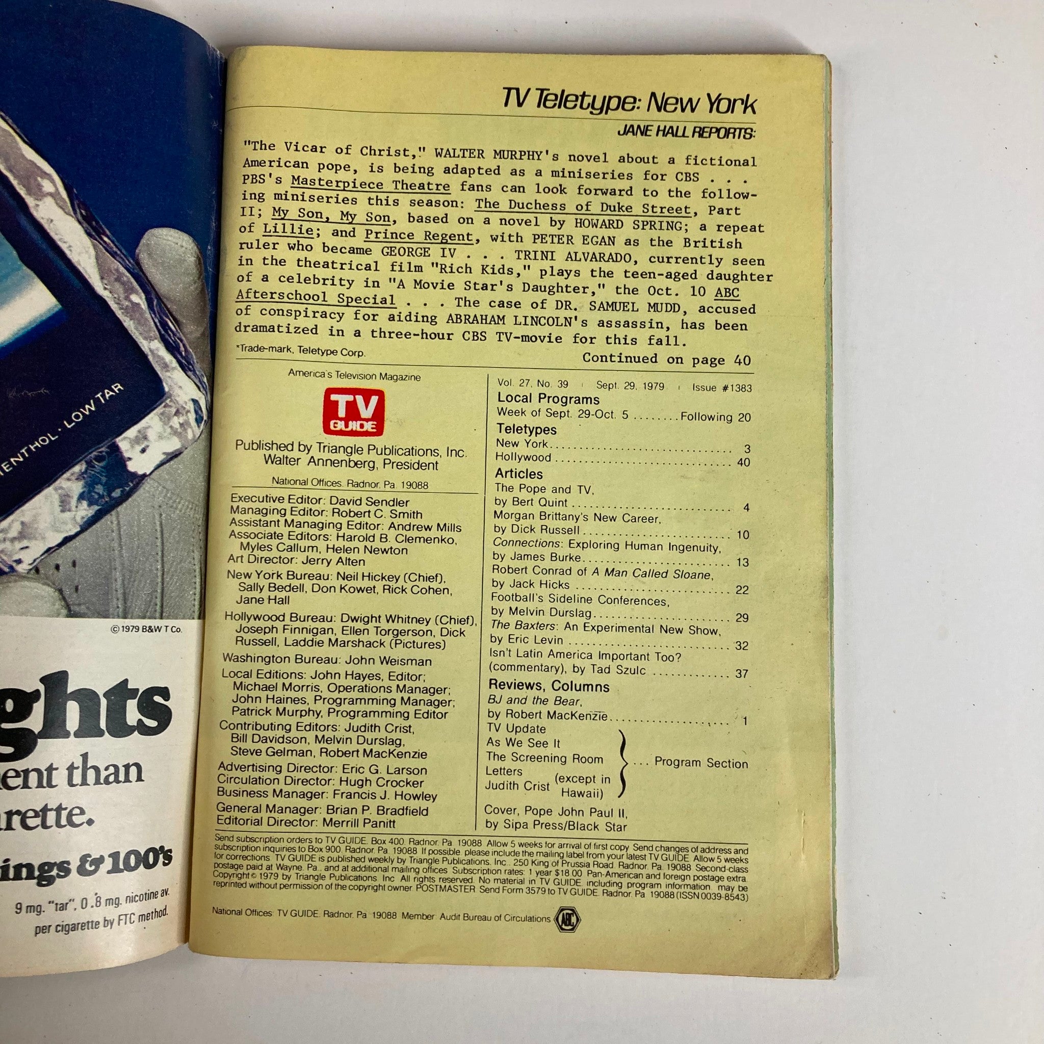 Interior page of TV Guide Magazine from September 29, 1979, showing the TV teletype section, featuring listings and articles related to programs for the week. This page highlights the magazine's diverse content and role in television history.