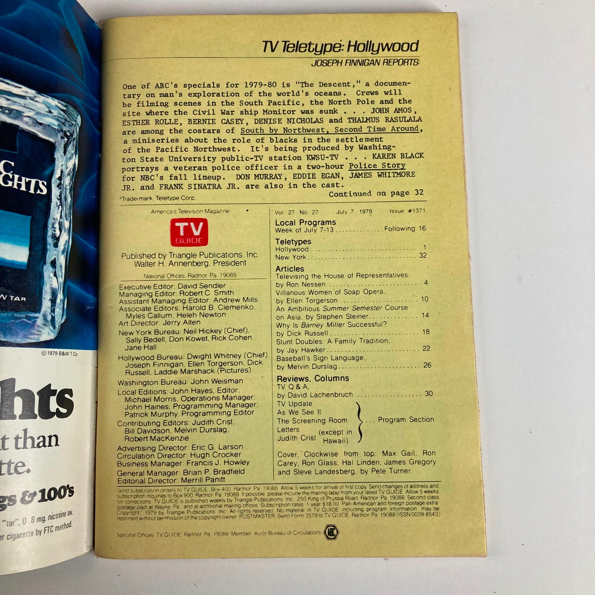 TV Guide Magazine July 7 1979 issue #1371 showcasing a TV Teletype section featuring reports on various television shows and local programs, including notable personalities Max Gail, Ron Carey, and Ron Glass.