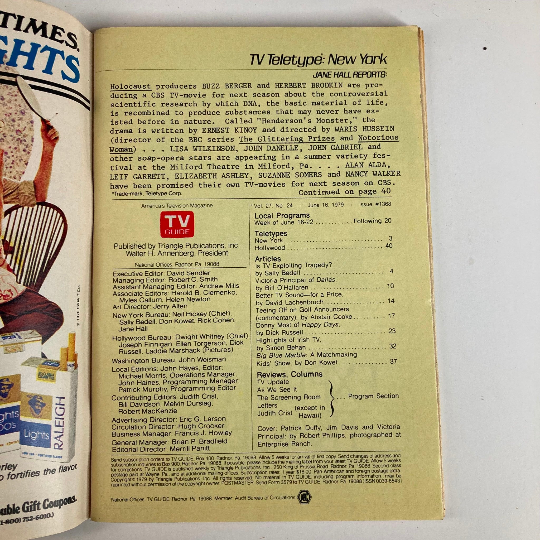 Inside page of TV Guide Magazine June 16 1979 issue number 1368, showing the table of contents with articles and features including the article 'Is TV Exploiting Tragedy?' and profiles on stars like Victoria Principal and Patrick Duffy from Dallas.