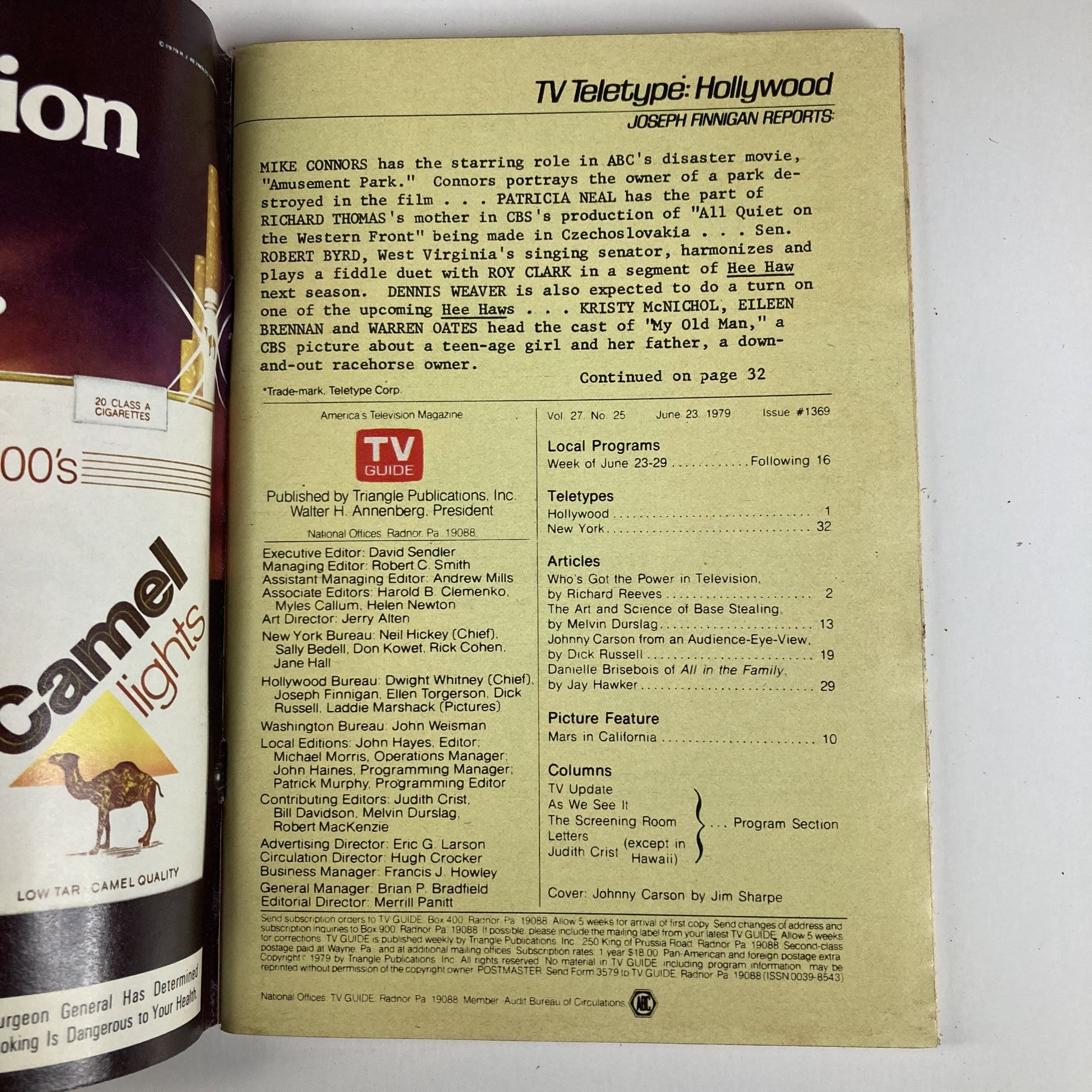 Inside page of TV Guide Magazine June 23 1979 issue #1369, detailing articles and TV teletypes, with a focus on Johnny Carson.
