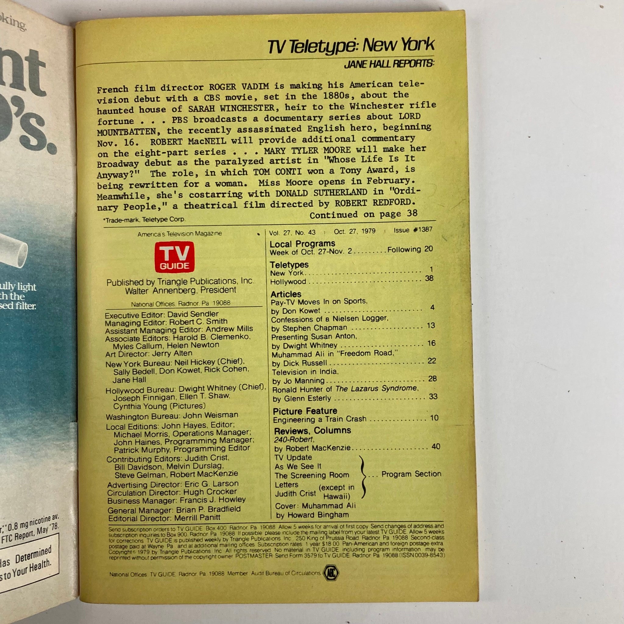 Inside page of the TV Guide Magazine October 27 1979, showcasing the table of contents and article listings, with a feature on Muhammad Ali, reflecting the television programming of the era.