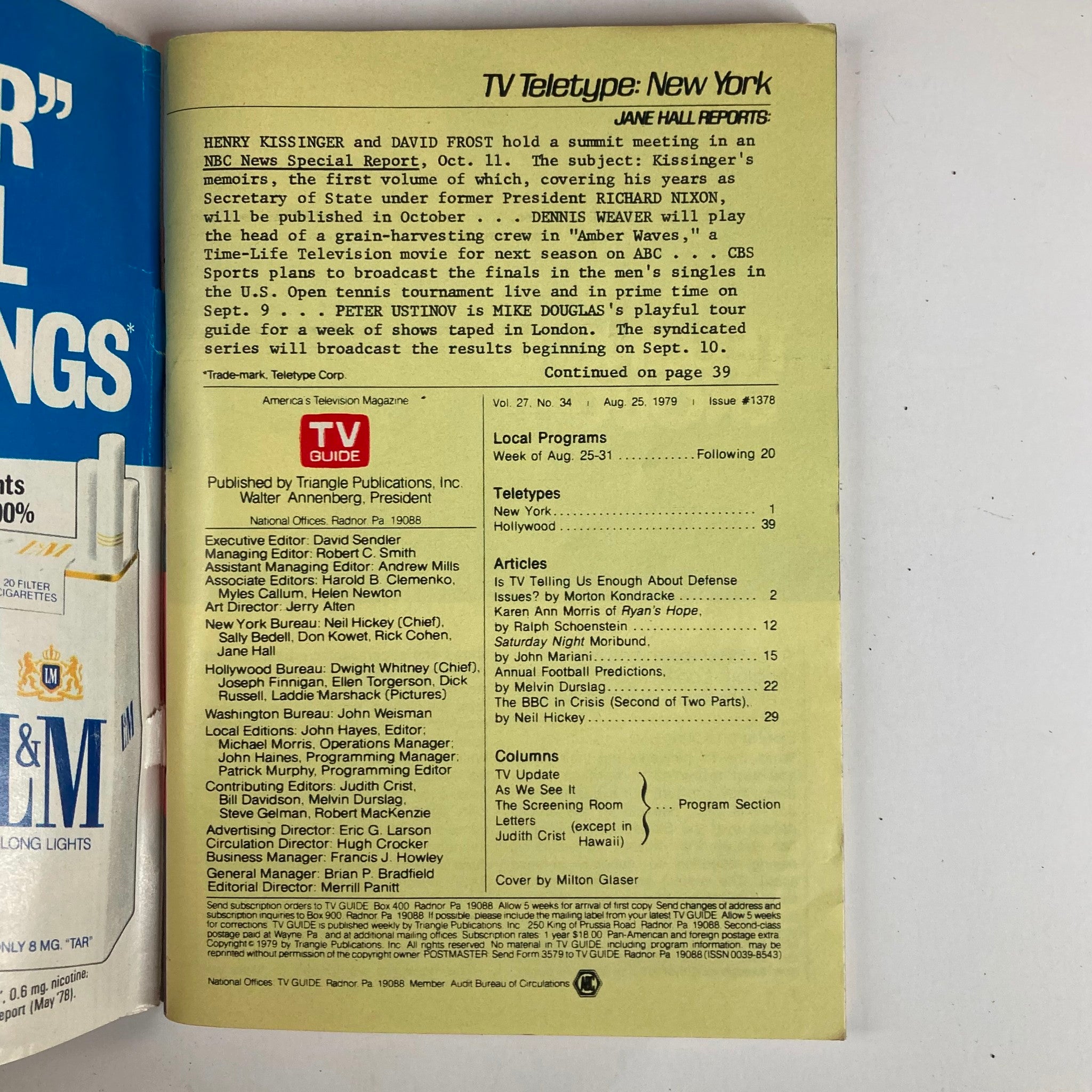 Interior page of TV Guide Magazine August 25 1979 providing a detailed overview of television programs, articles, and features relevant to that week.