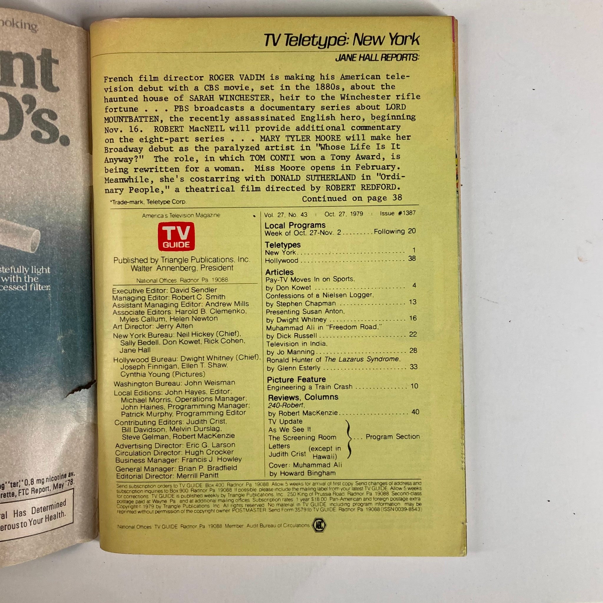 TV Guide Magazine October 27 1979, issue #1387, showcasing the back cover featuring vintage television programming highlights and a yellow layout, with notable mentions including Muhammad Ali. Ideal for collectors and enthusiasts of classic media.