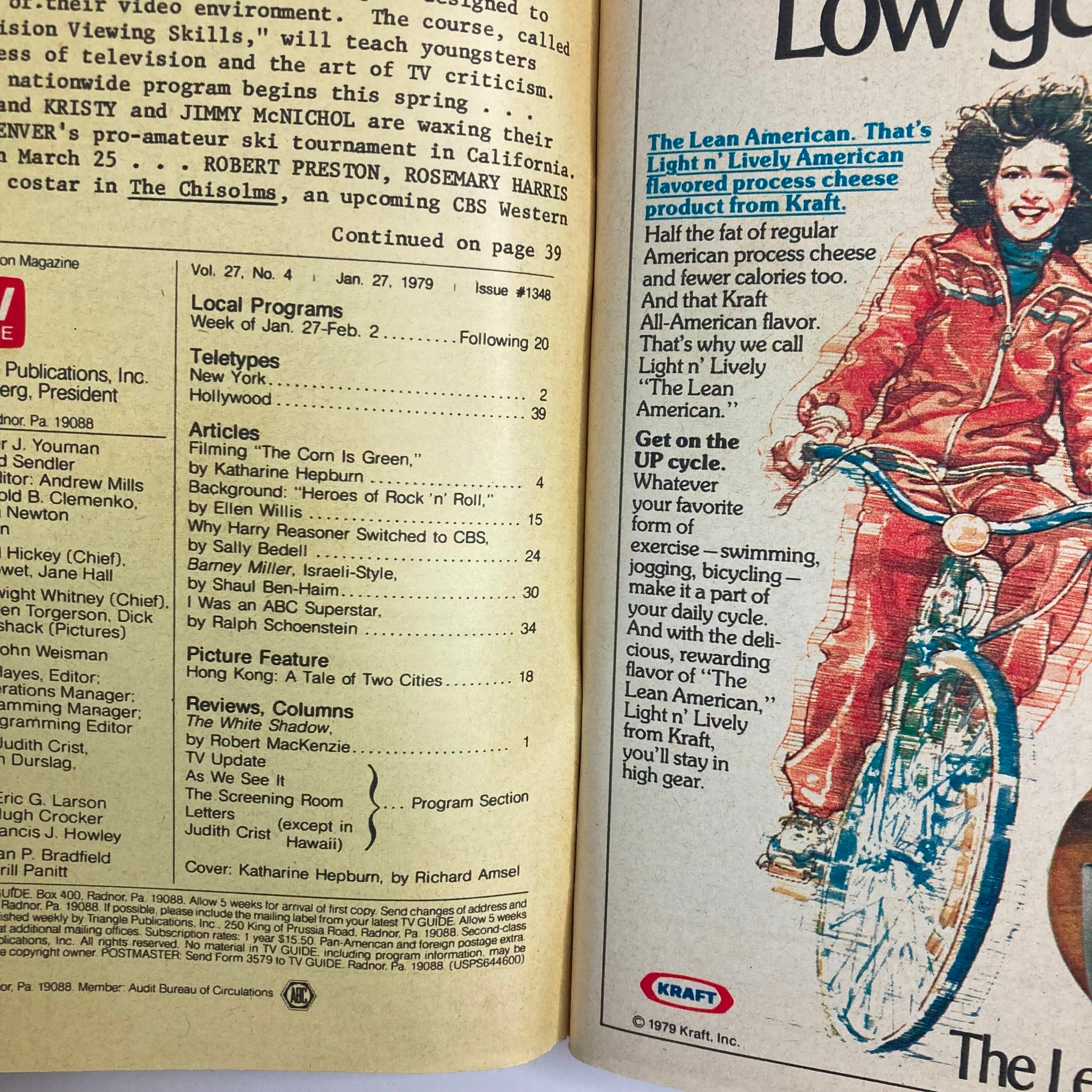 Inside page of TV Guide Magazine January 27 1979 issue #1348 featuring Katharine Hepburn. The page displays program listings, articles, and advertisements, giving insights into American television during the late 1970s.