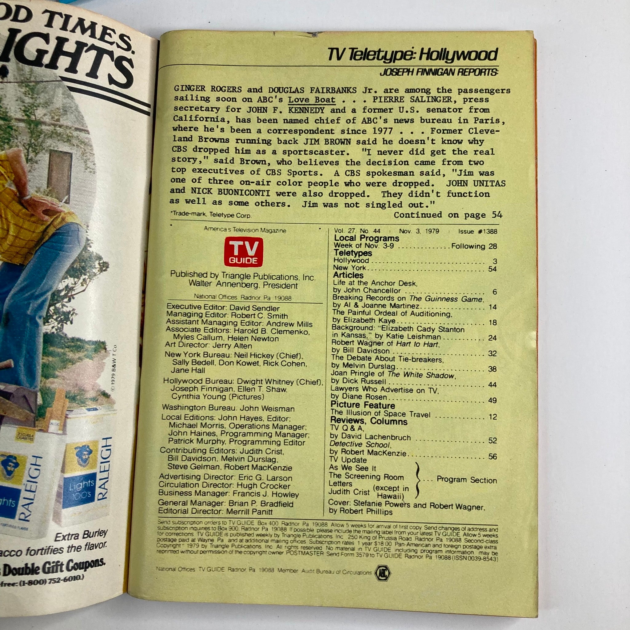 Interior page of TV Guide Magazine November 3 1979, issue #1388 featuring articles and listings, including a report by Joseph Finnegan and information on television programs of the time.