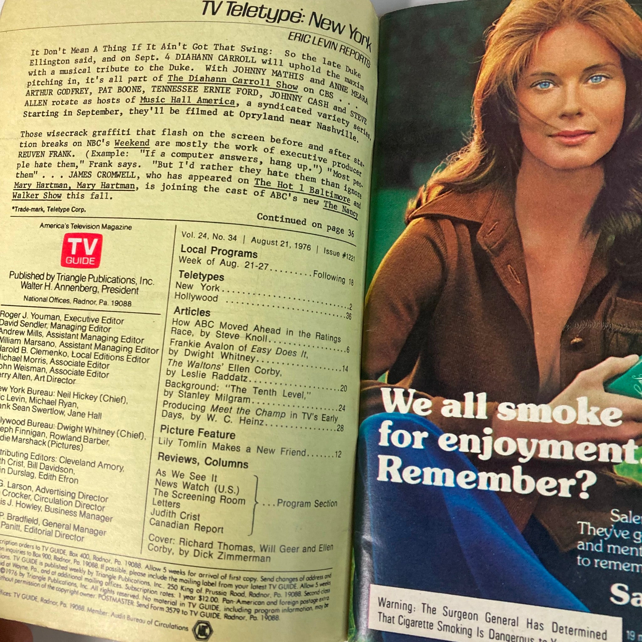 Inside page of TV Guide Magazine August 21 1976 with television listings and articles, highlighting features about The Waltons and cultural insights from 1970s television.