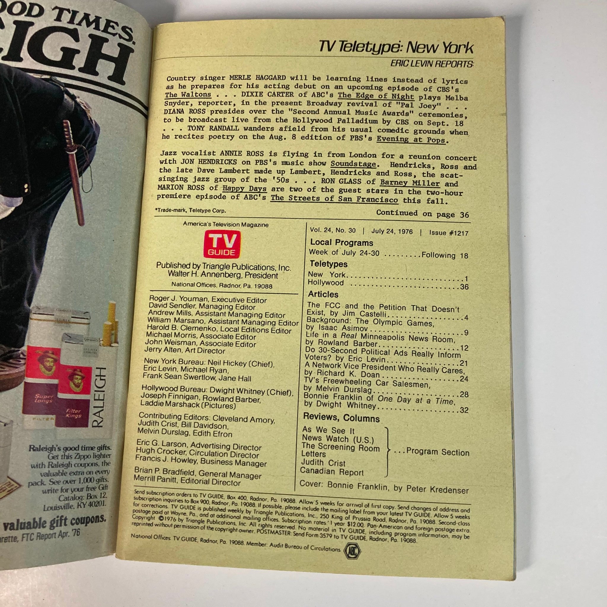 Back page content of TV Guide Magazine July 24 1976 #1217 featuring articles on television programming, local shows and notable mentions of stars like Bonni Franklin.