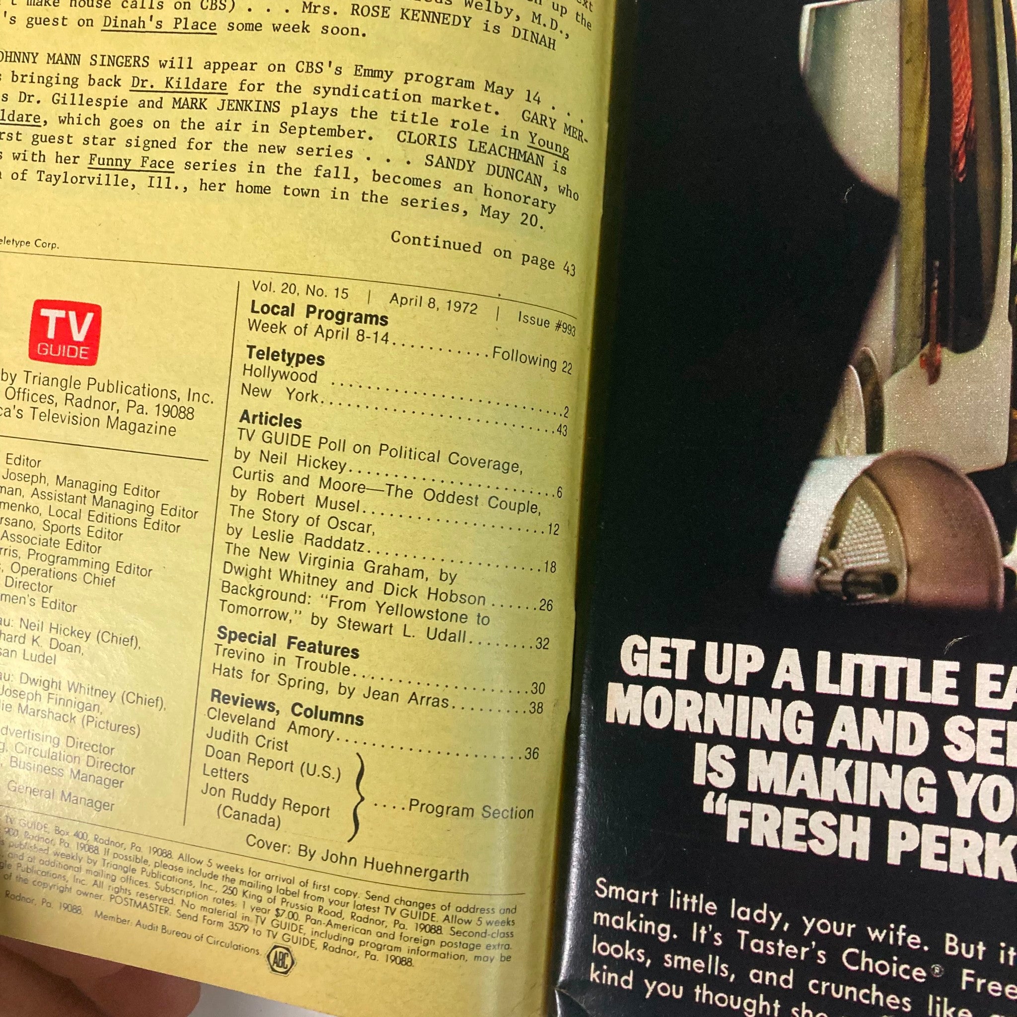 Interior page of TV Guide Magazine April 8, 1972 #993 showcasing program listings and articles, including a poll on political coverage. Reflects the magazine's historical context in American television.