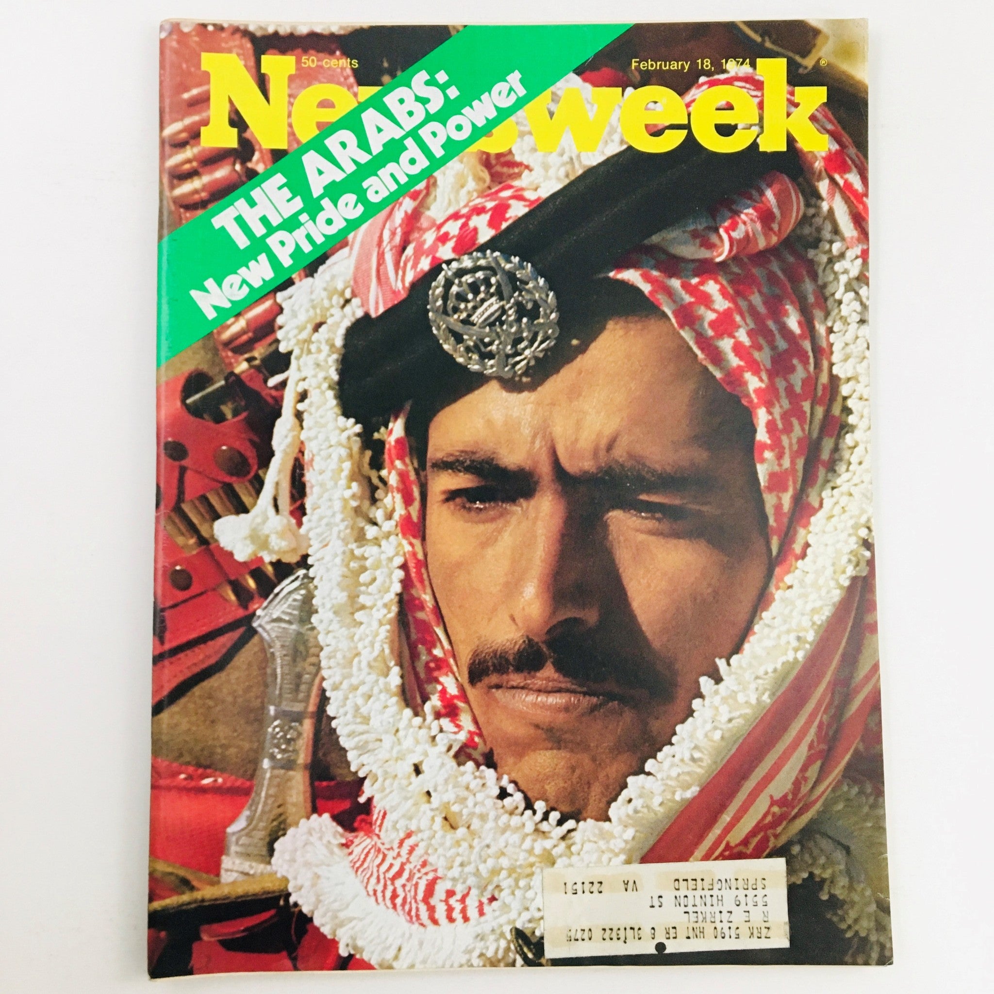Cover of Newsweek Magazine February 18, 1974, featuring the title 'The Arabs: New Pride and Power', showcasing a traditional attire with a prominent headdress.