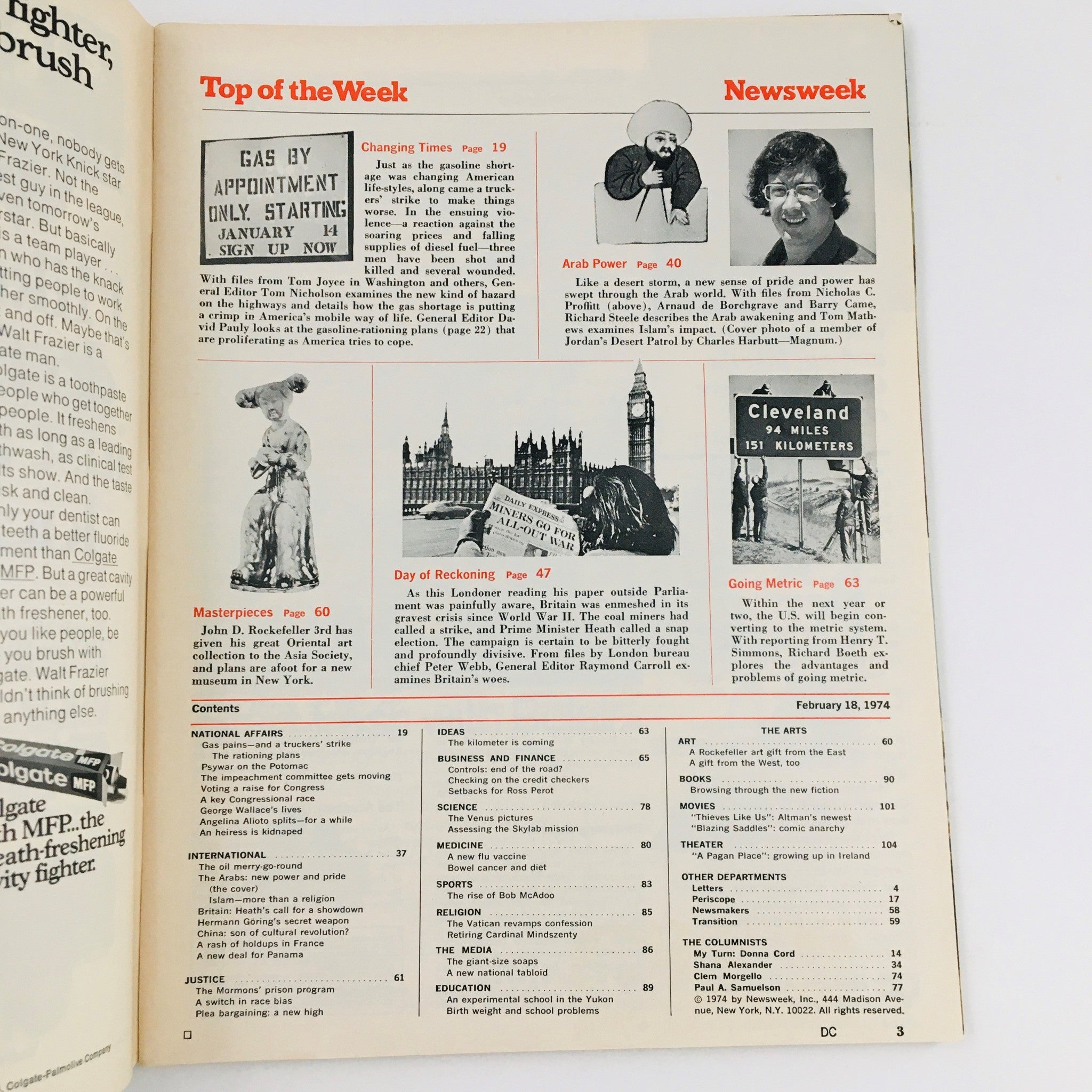 Interior page from Newsweek Magazine February 18, 1974, displaying articles including 'Arab Power' and content summary related to historical events of the era.