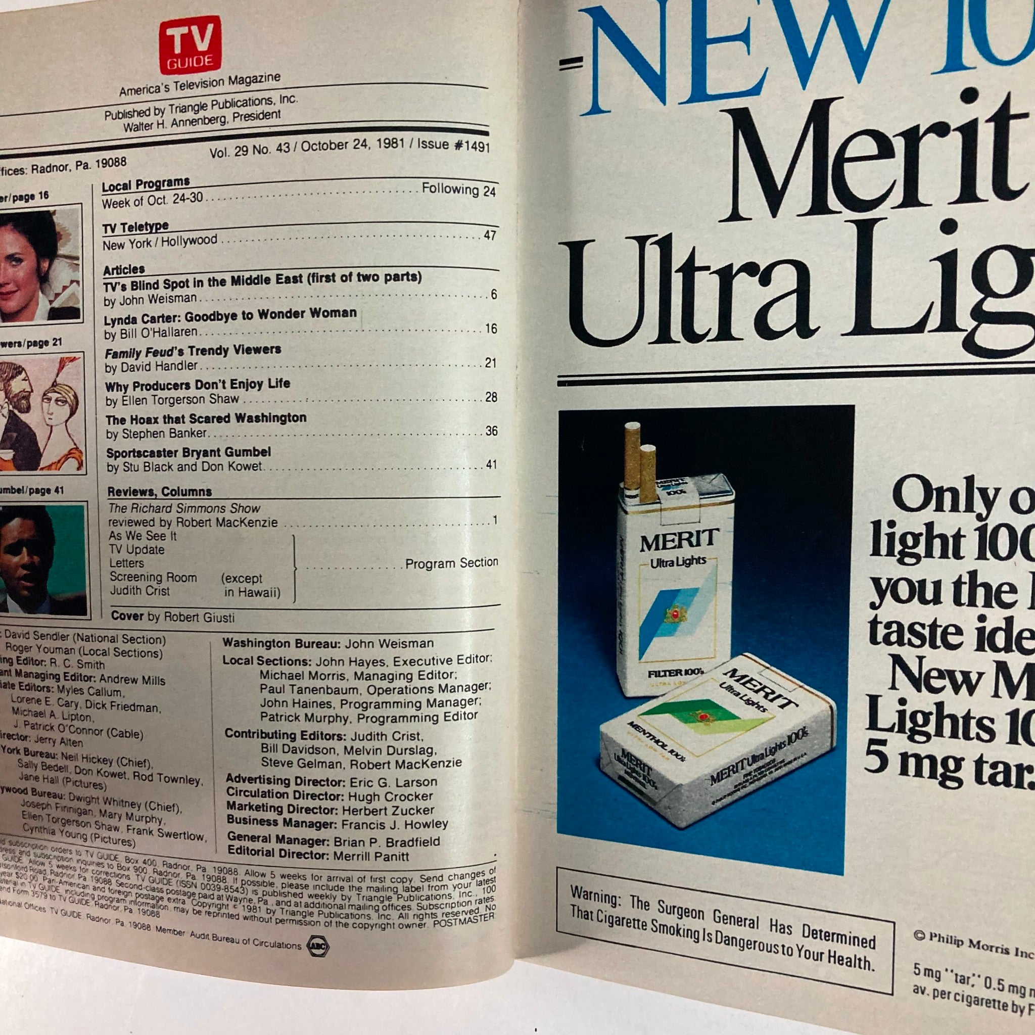 Inside page of TV Guide Magazine October 24 1981, Issue #1491, showing the table of contents and an advertisement for Merit Ultra Lights cigarettes.