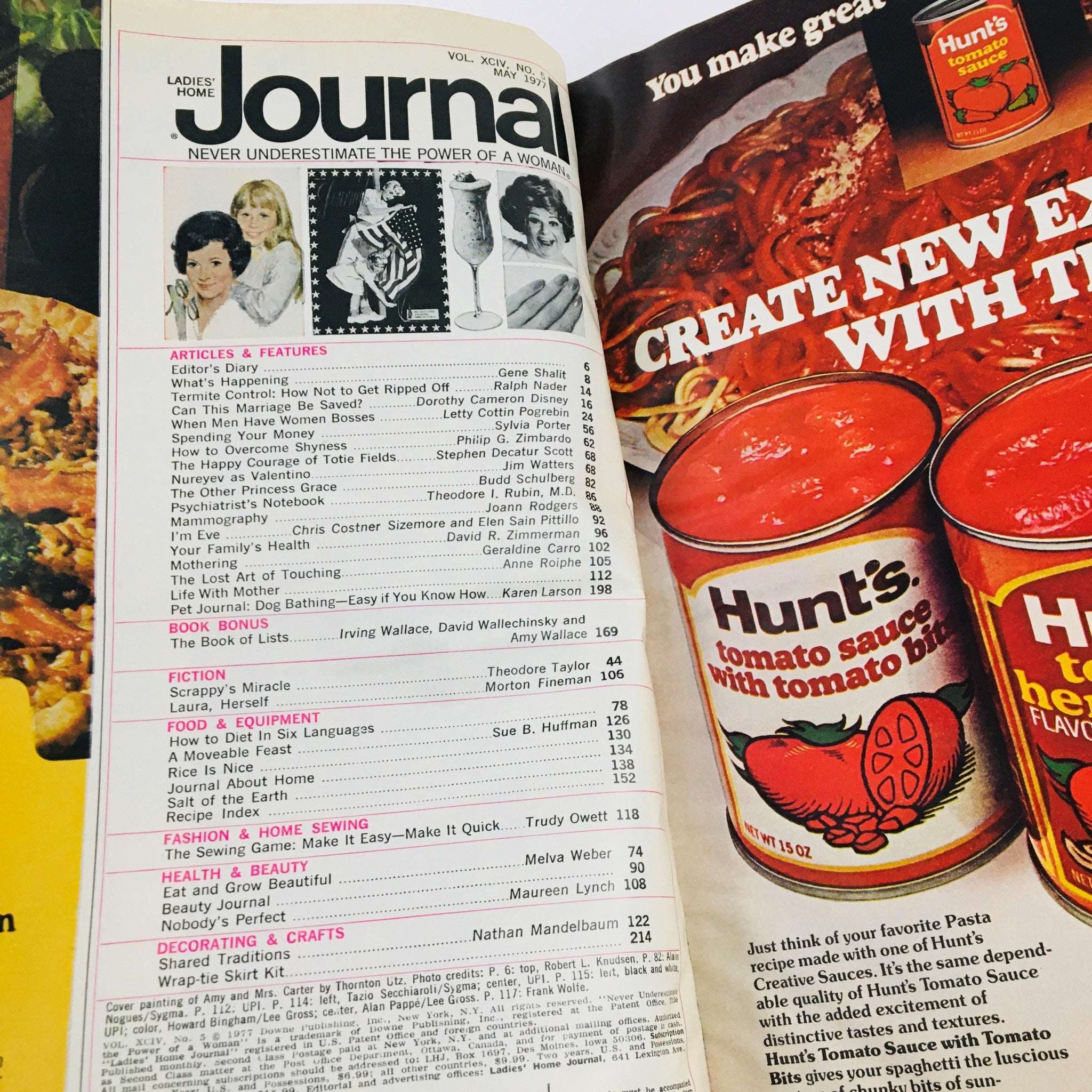 Inside view of the Ladies Home Journal Magazine May 1977 featuring notable articles and advertisements, alongside the title featuring First Lady Rosalynn Carter and daughter Amy.