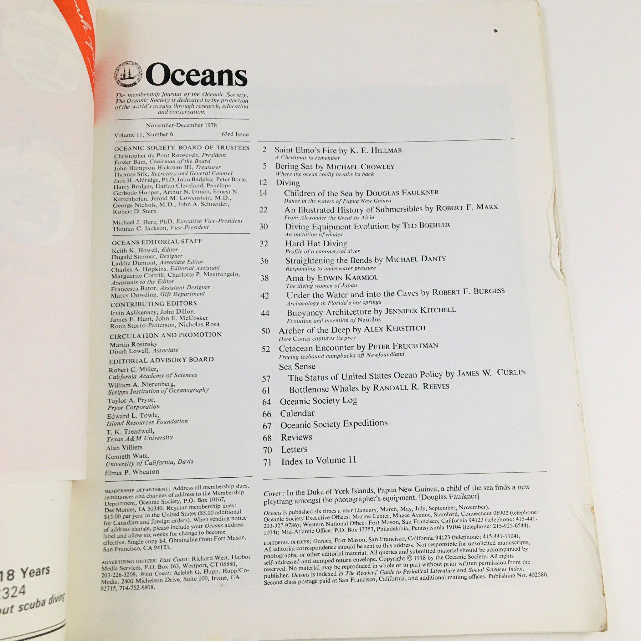 Table of contents page from Oceans Magazine November 1978 Vol 11 No. 6, listing articles and features on marine ecology and ocean conservation.