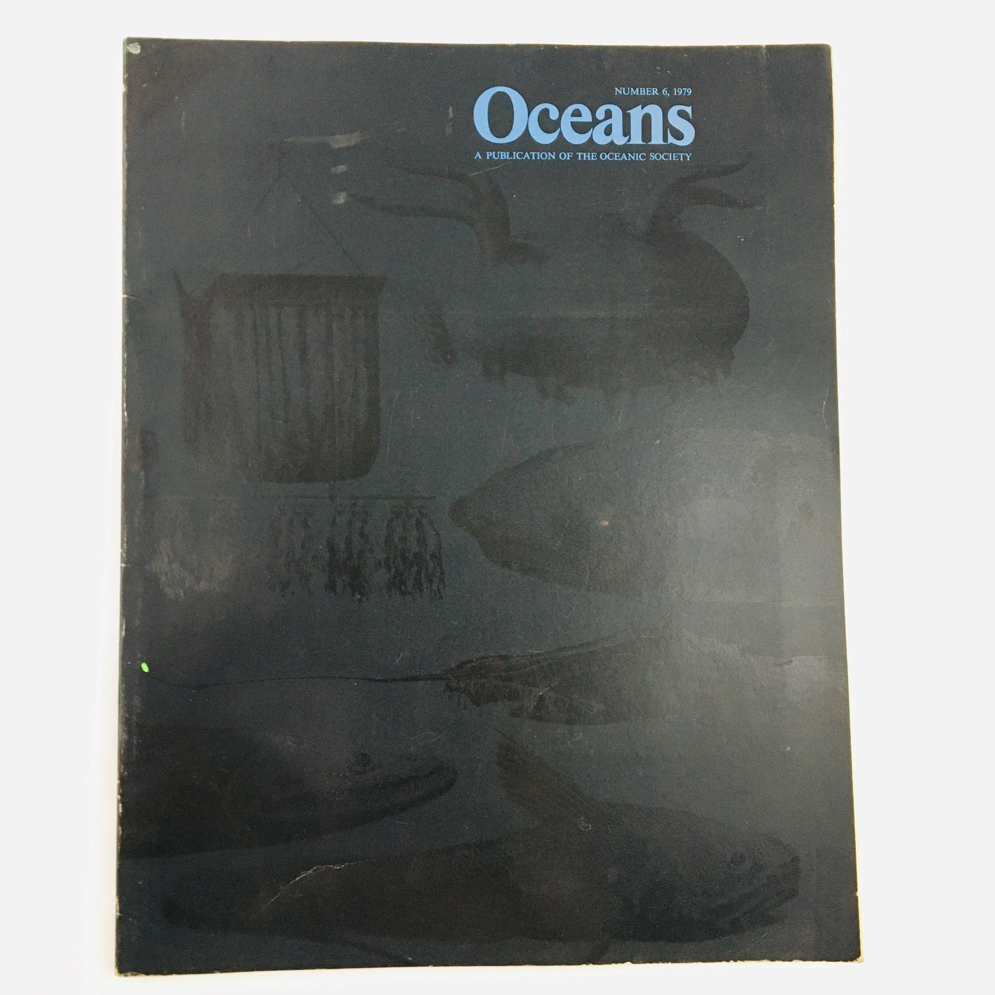 Cover of Oceans Magazine, November 1979 Vol 12 No. 6 featuring etchings of deep-sea fish, published by the Oceanic Society.