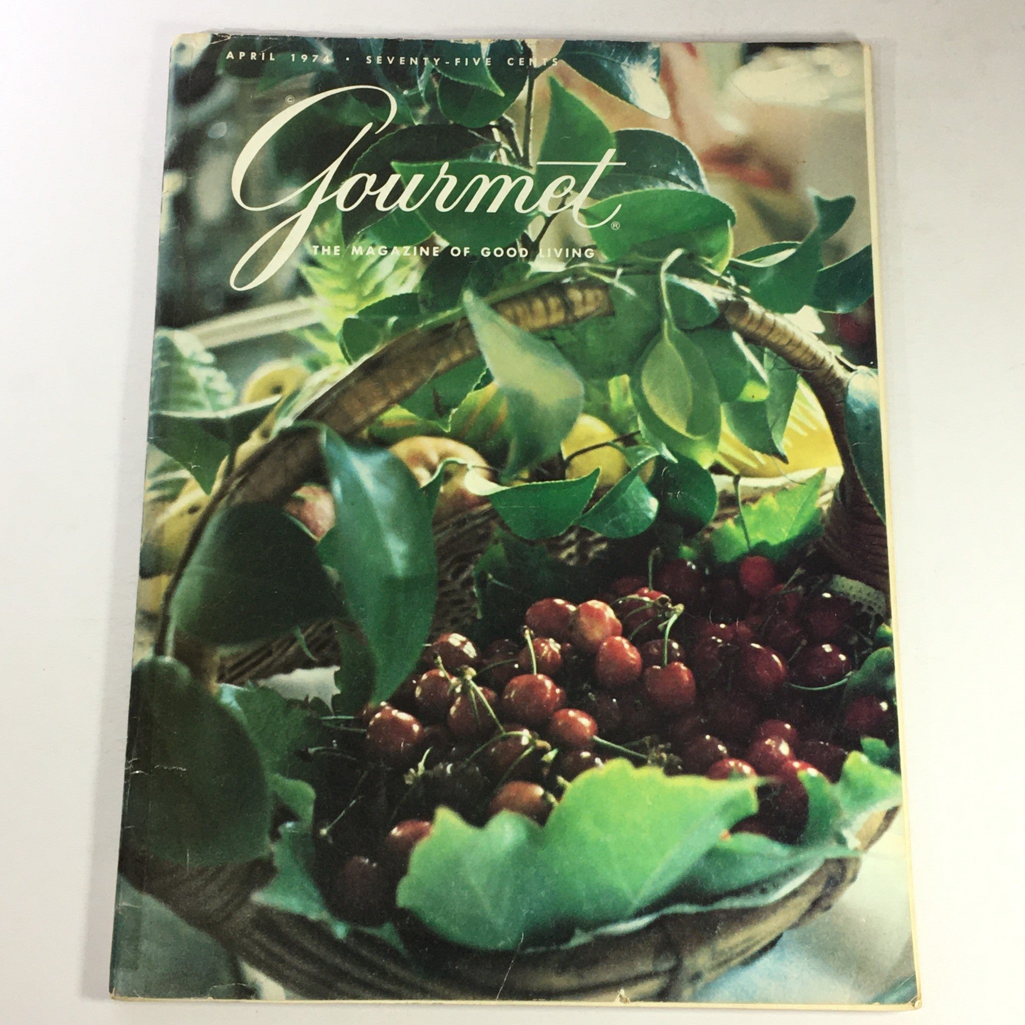 VTG Gourmet The Magazine of Good Living April 1974 cover featuring a vibrant basket of seasonal fruits with green leaves, celebrating the culinary traditions of the Eastern Shore of Maryland.
