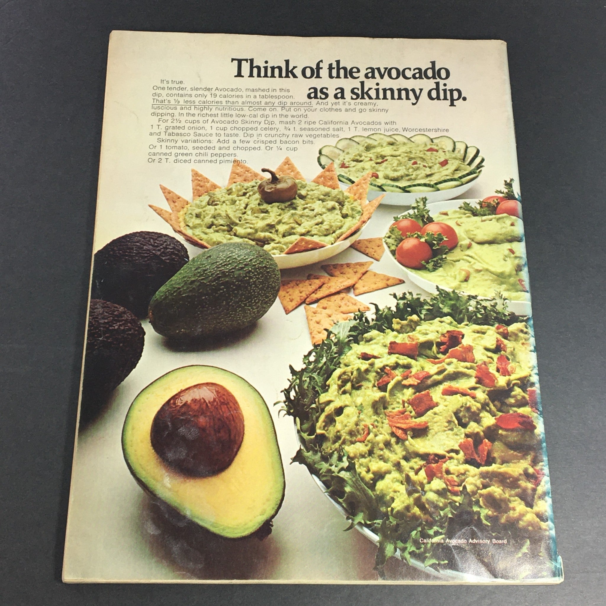 Back cover of VTG Gourmet The Magazine of Good Living, June 1970 edition, illustrating a delicious avocado dish recipe with various guacamole styles, promoting healthy and gourmet living.