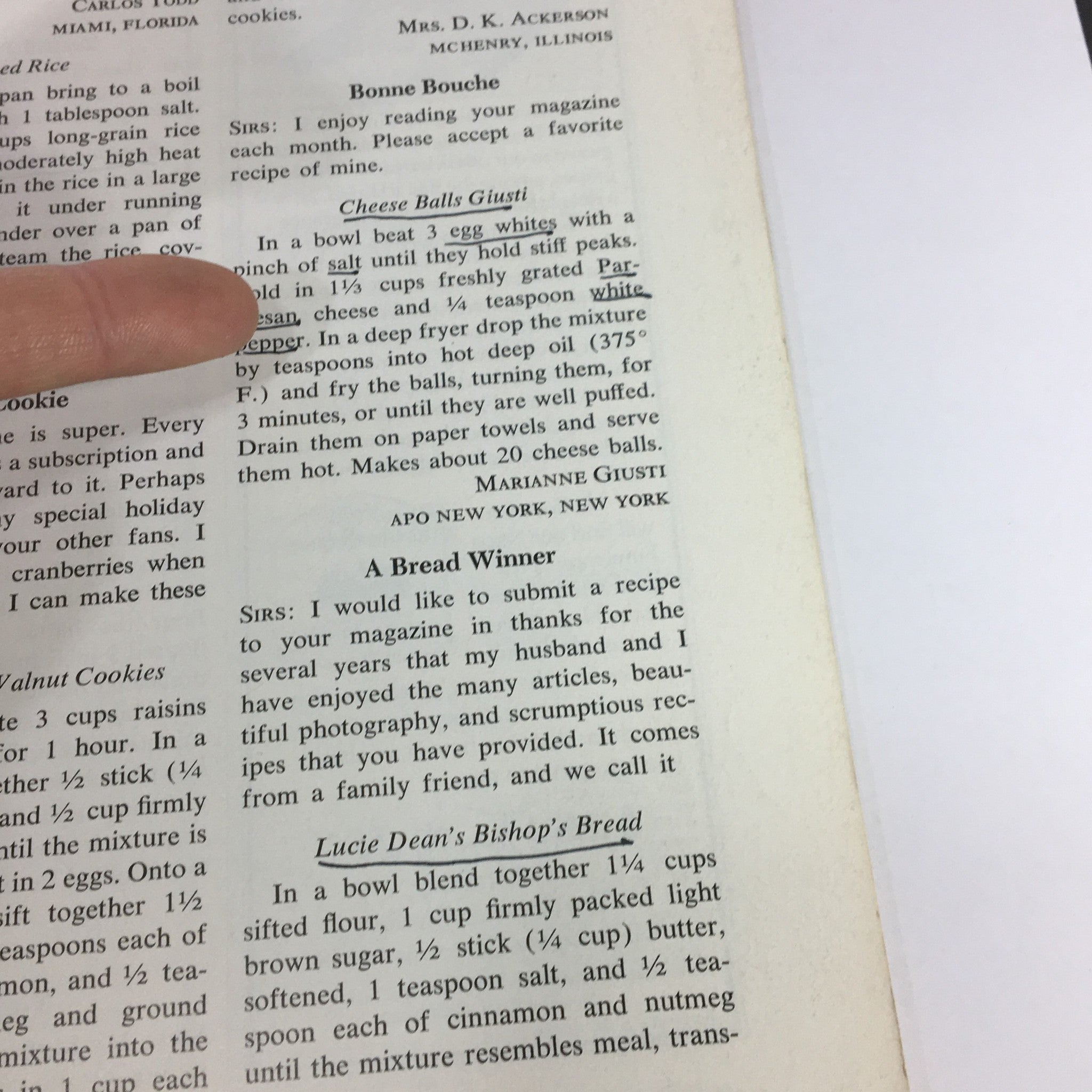 Excerpt from VTG Gourmet Magazine February 1977 featuring a recipe for Cheese Balls Giusti and a finger pointing to the preparation instructions.