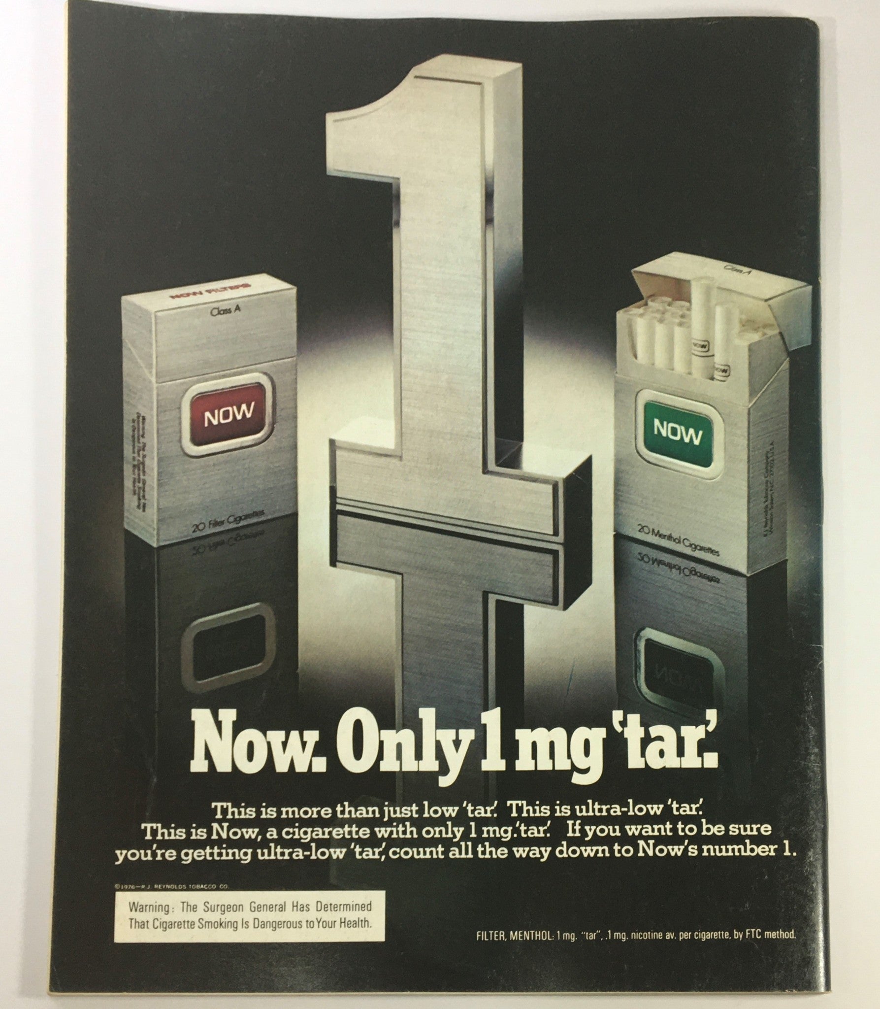 Magazine advertisement for Now cigarettes featuring a bold '1' symbol, showcasing the tagline 'Now. Only 1 mg 'tar.'' The ad emphasizes low tar content and includes cigarette packs. VTG Gourmet The Magazine of Good Living February 1977 - Tropical American Soups.