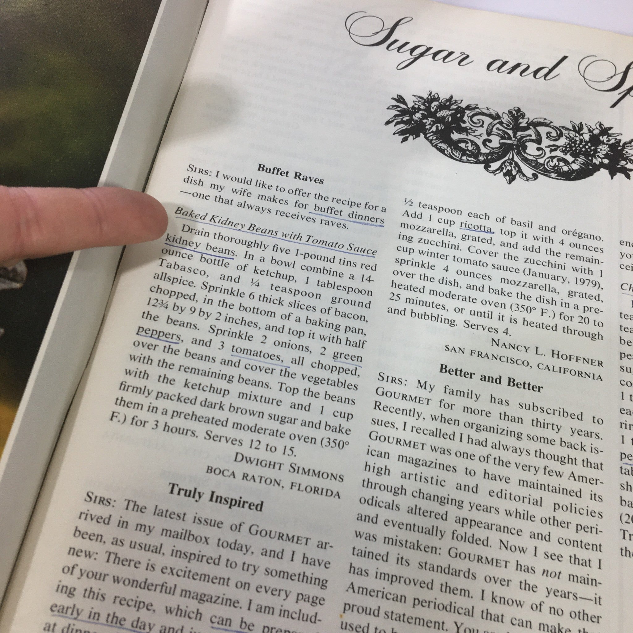 Interior page of VTG Gourmet: The Magazine of Good Living February 1979 - A Mint of an Idea, showing a handwritten recipe for Baked Kidney Beans with Tomato Sauce.