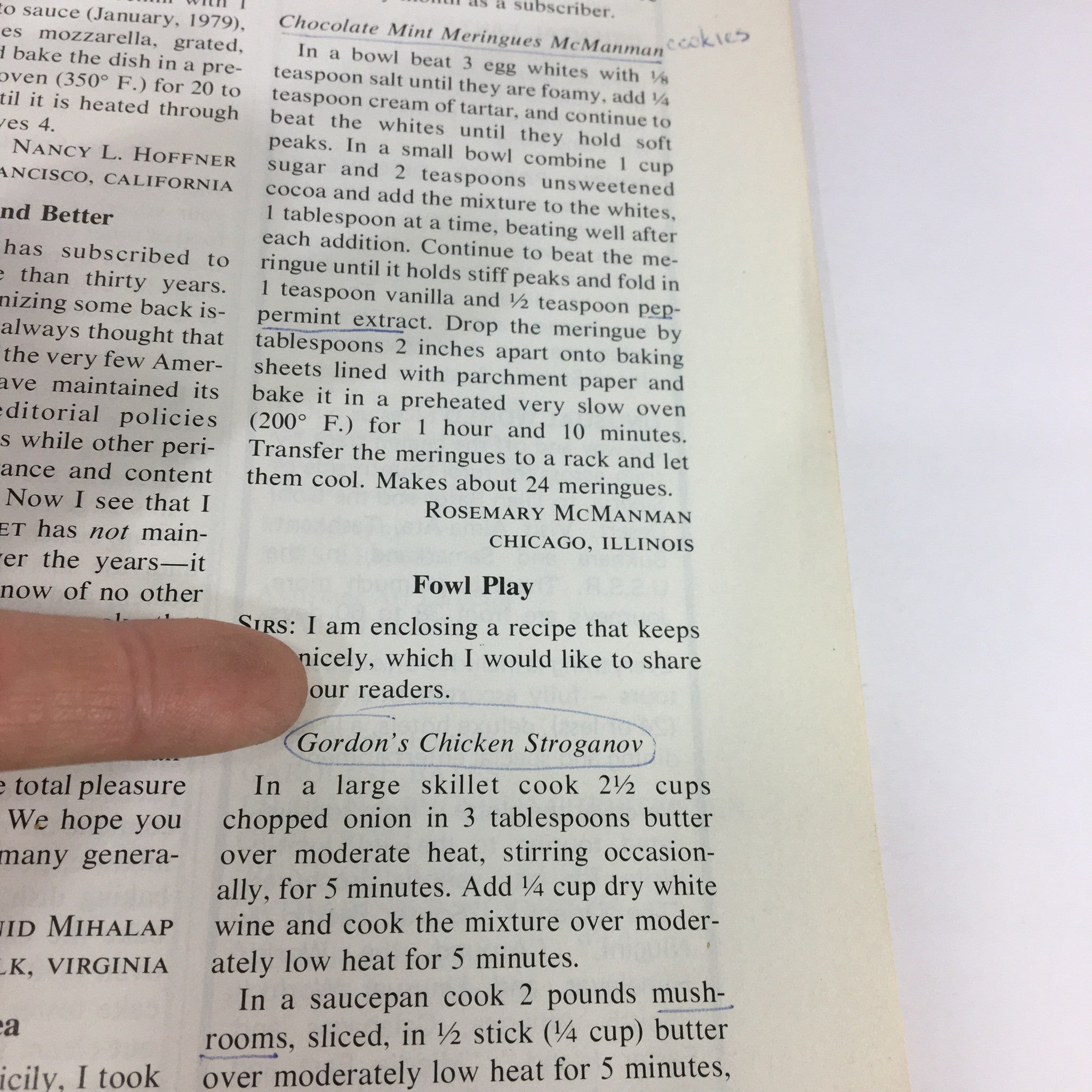 Detail of a recipe page from VTG Gourmet The Magazine of Good Living February 1979, highlighting a recipe for Chocolate Mint Meringues McManman, with a finger pointing at the text and handwritten notes.
