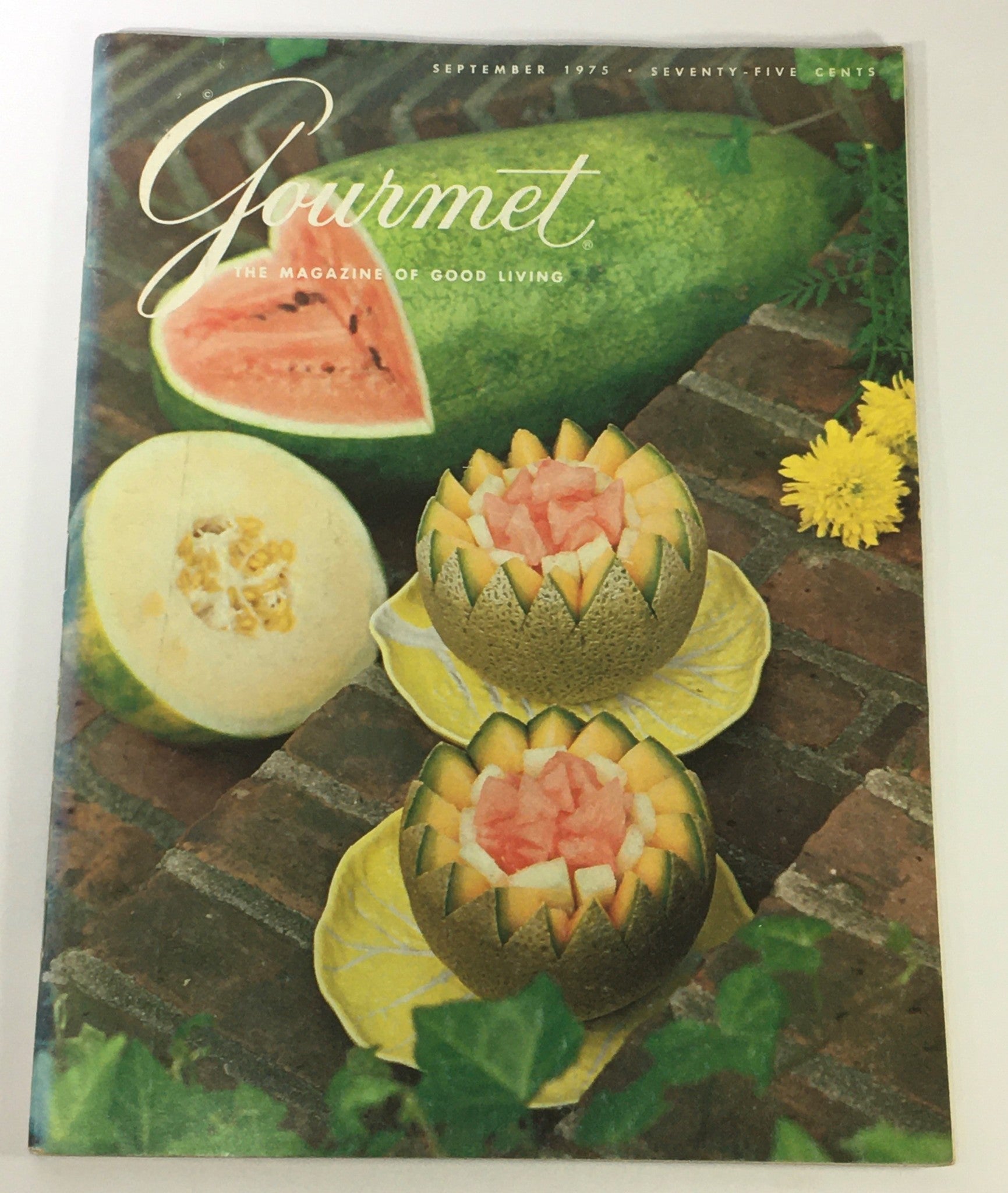 Cover of VTG Gourmet The Magazine of Good Living September 1975 featuring artistically arranged melons and fruits.