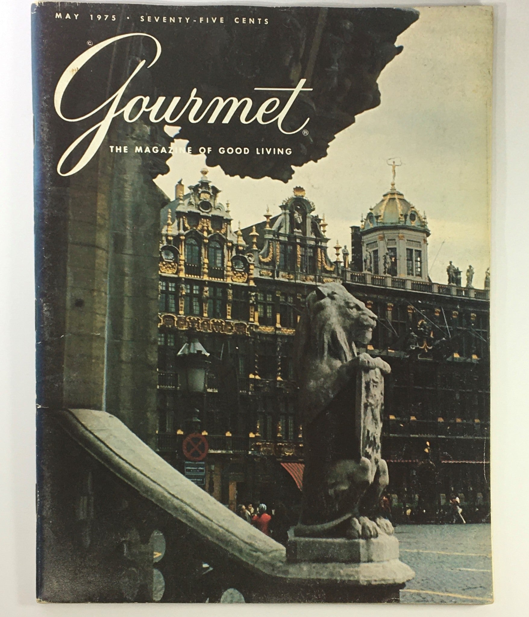 Cover of VTG Gourmet The Magazine of Good Living May 1975, featuring an iconic European scene with ornate buildings and a lion sculpture.