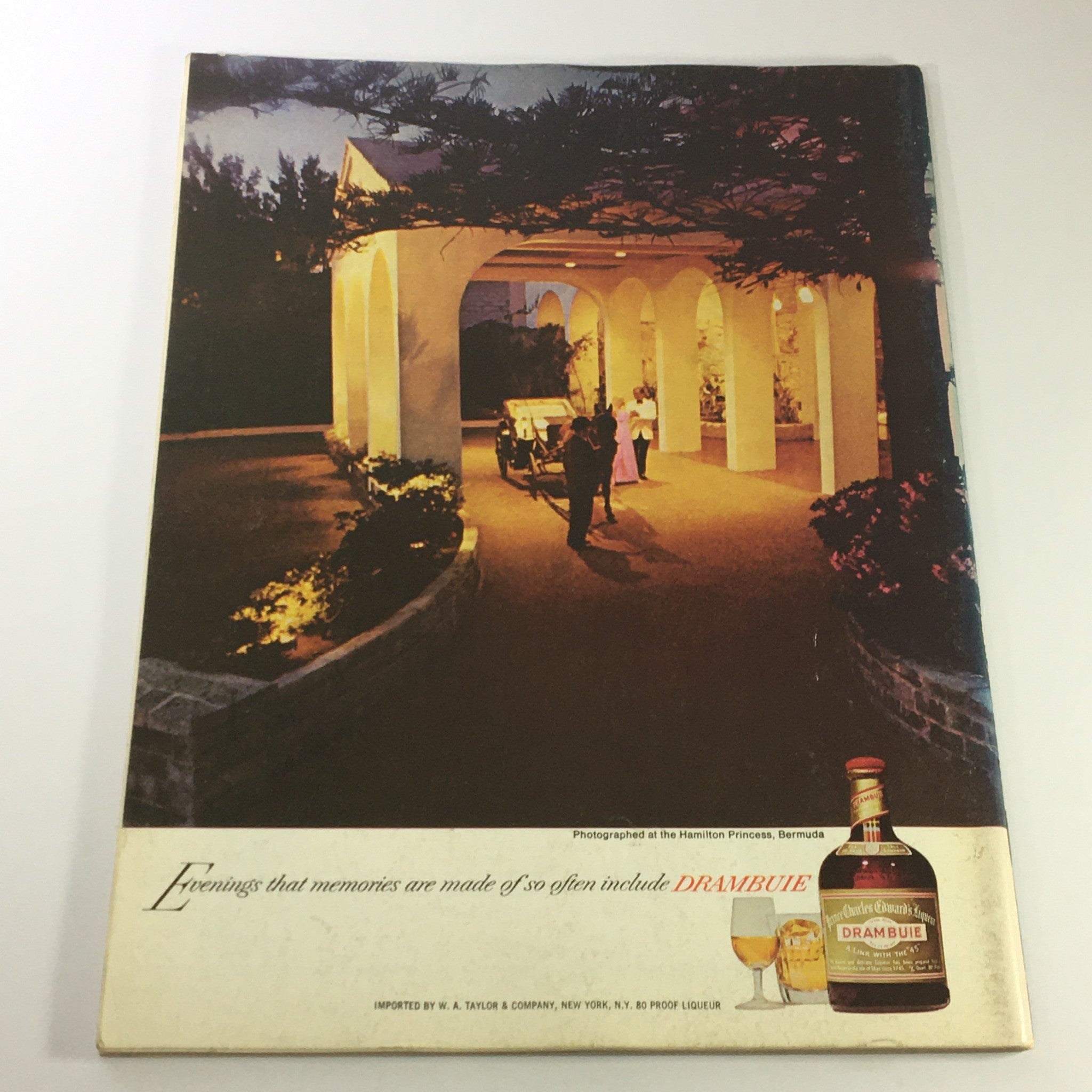Back cover of VTG Gourmet The Magazine of Good Living May 1975, showcasing an elegant nighttime setting at the Hamilton Princess, Bermuda, with a Drambuie advertisement.