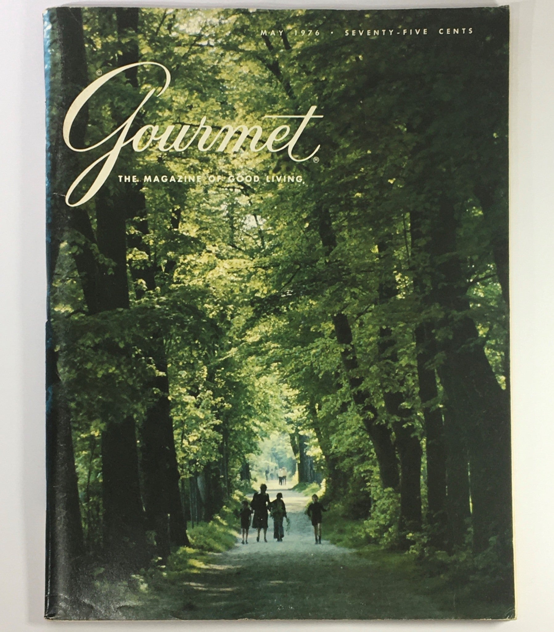 Cover of VTG Gourmet The Magazine of Good Living May 1976 featuring a serene pathway in a lush green forest setting.