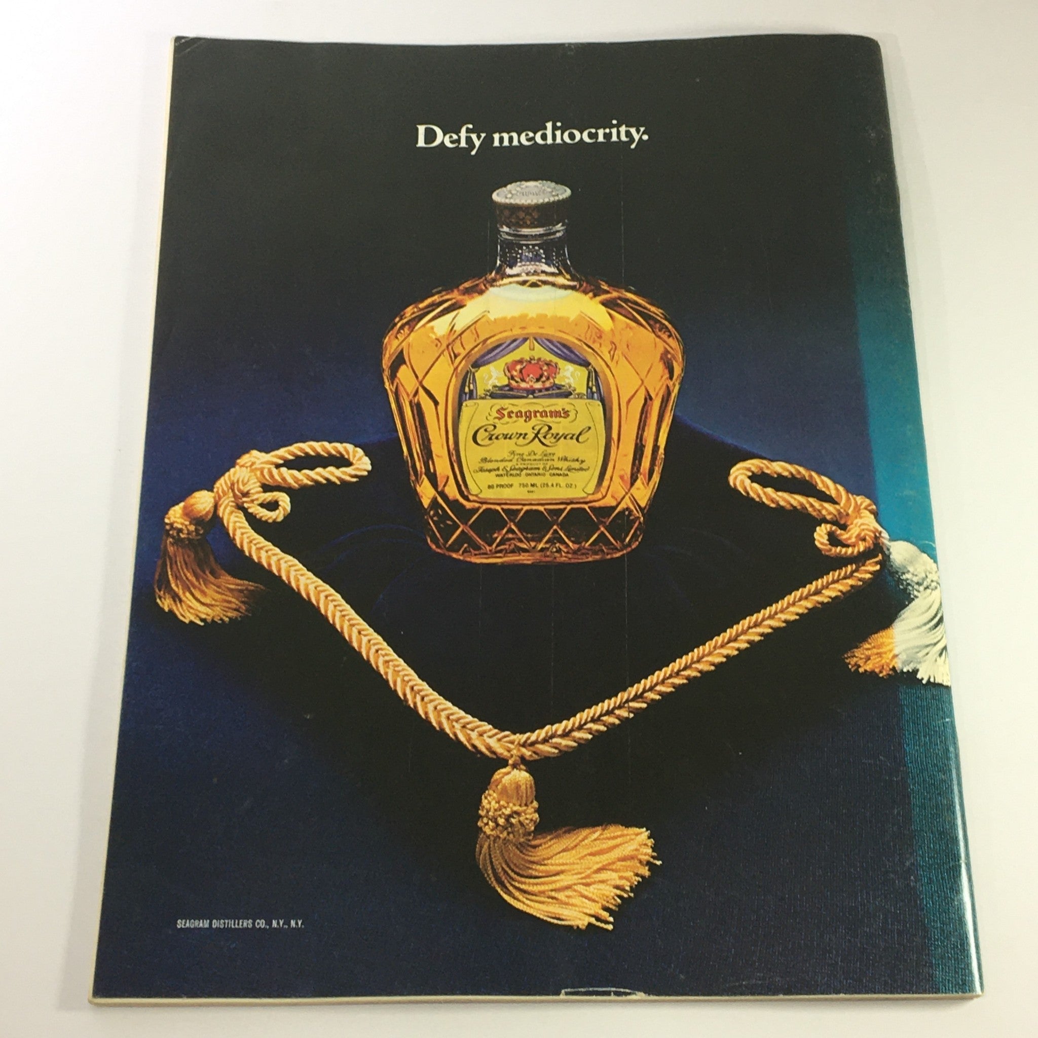 Cover of VTG Gourmet The Magazine of Good Living August 1978 featuring an advertisement for Seagram's Crown Royal whiskey, showcasing the bottle on a dark background with the text 'Defy mediocrity.'