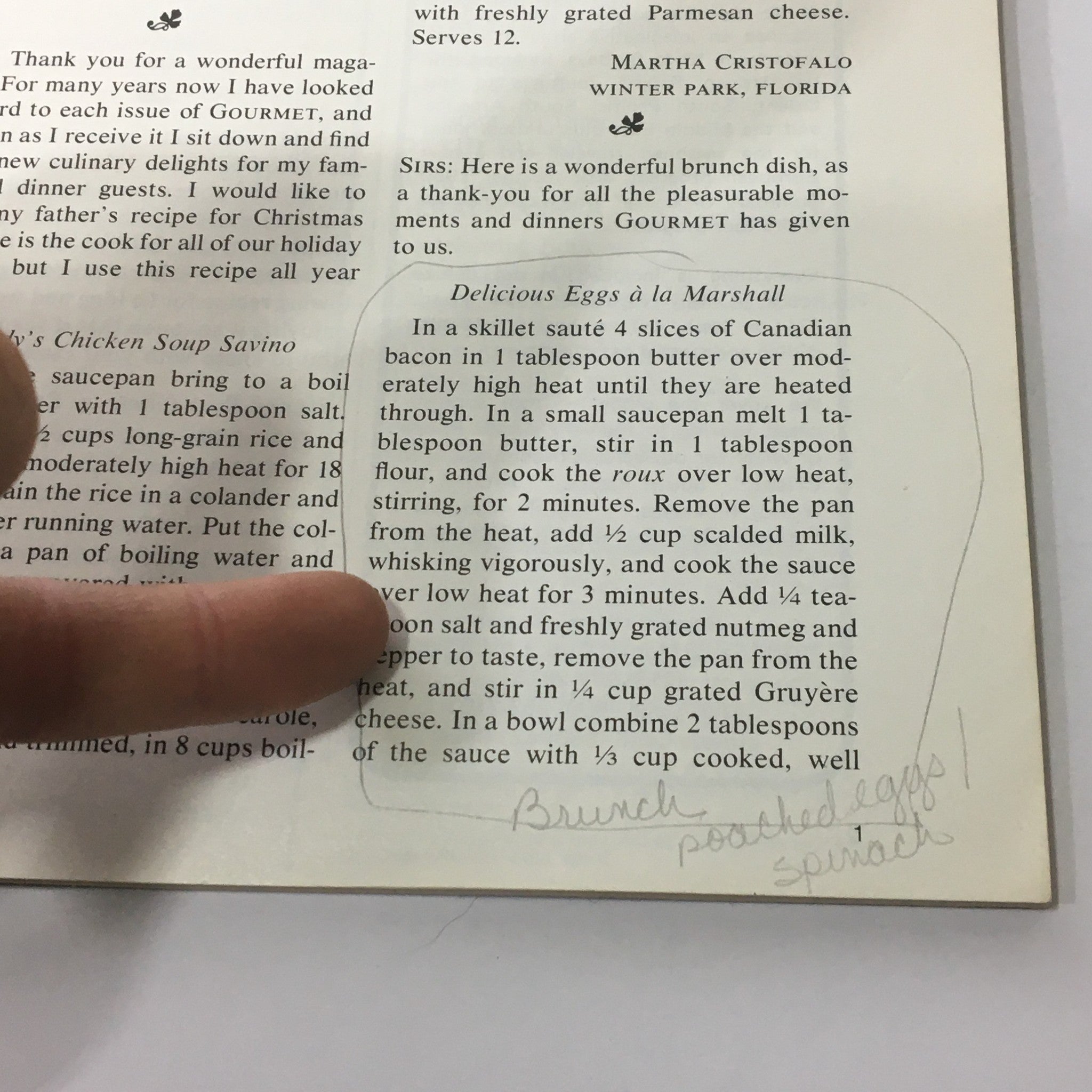 Page from VTG Gourmet Magazine August 1979 showcasing a recipe for Delicious Eggs à la Marshall, with handwritten notes and details.