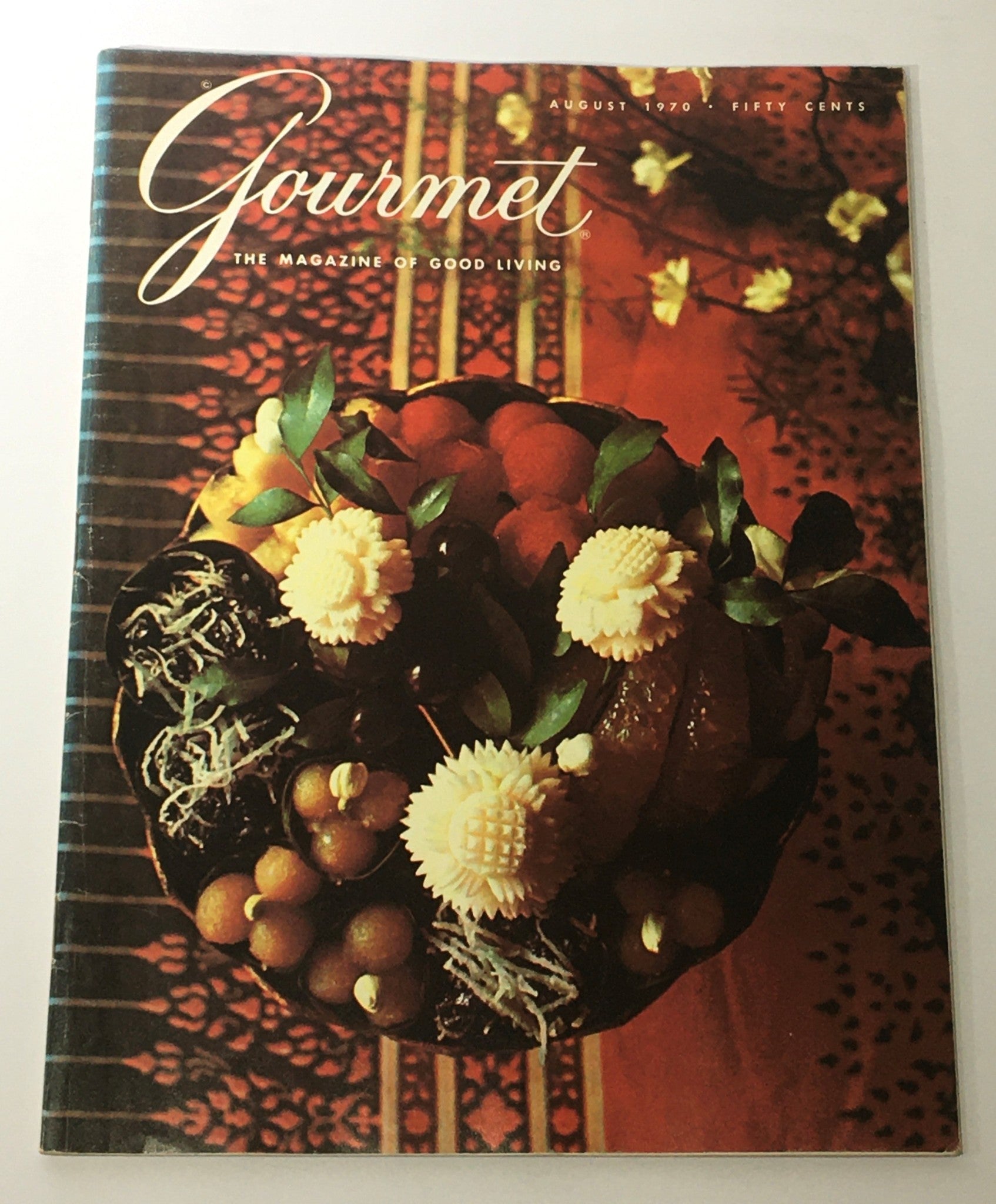 Vintage Gourmet magazine cover from August 1970 featuring a beautifully arranged fruit display, titled 'VTG Gourmet The Magazine of Good Living - Luncheon for Elise.'
