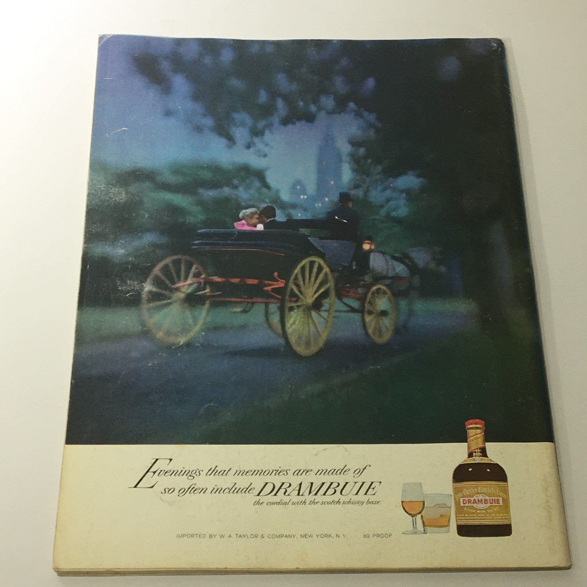Back cover of VTG Gourmet The Magazine of Good Living, September 1974, showcasing a nostalgic image of a horse-drawn carriage with the tagline about Drambuie liquor.