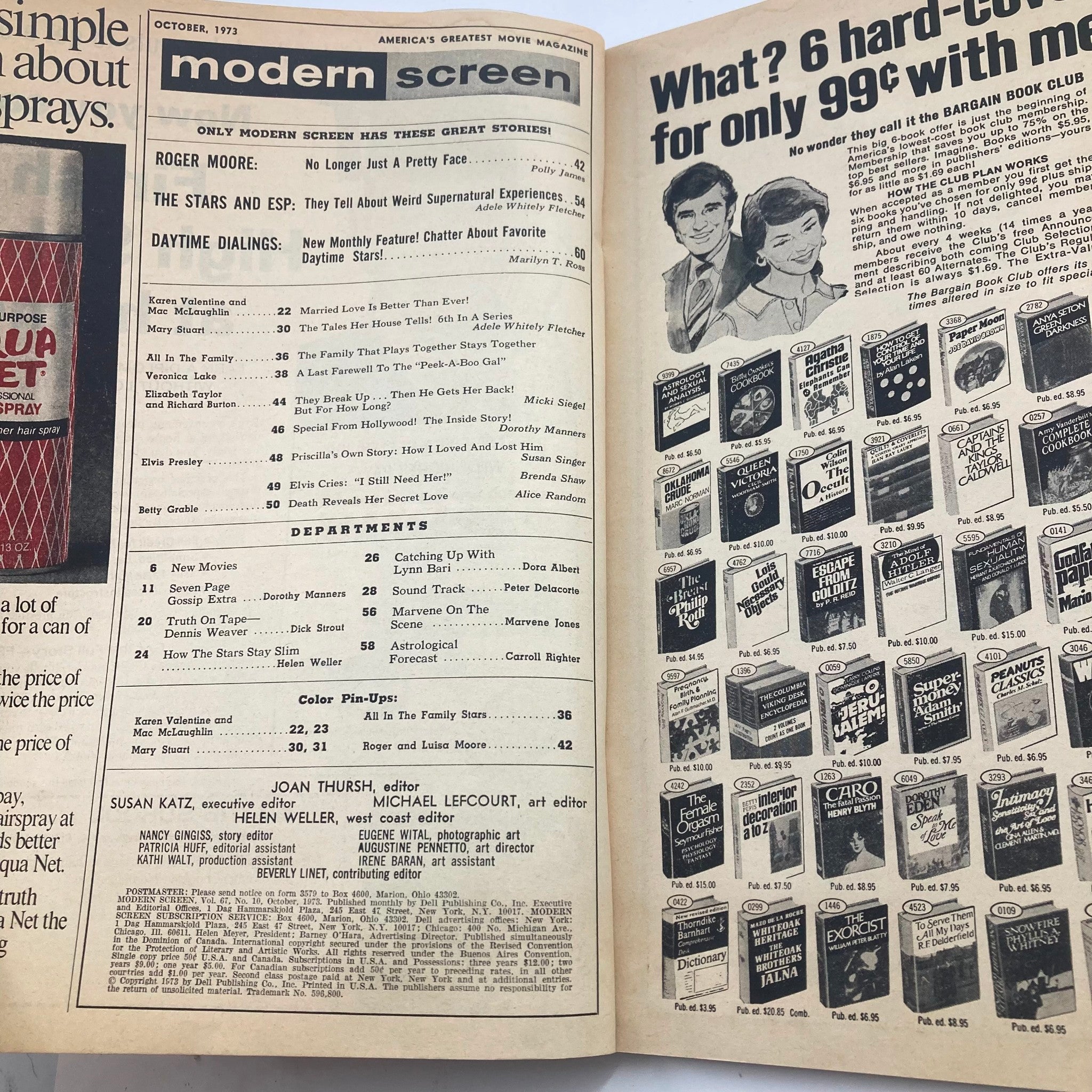 Inside page of VTG Modern Screen Magazine October 1973, highlighting table of contents and featuring articles about various celebrities, including detailed descriptions and topics related to Hollywood.