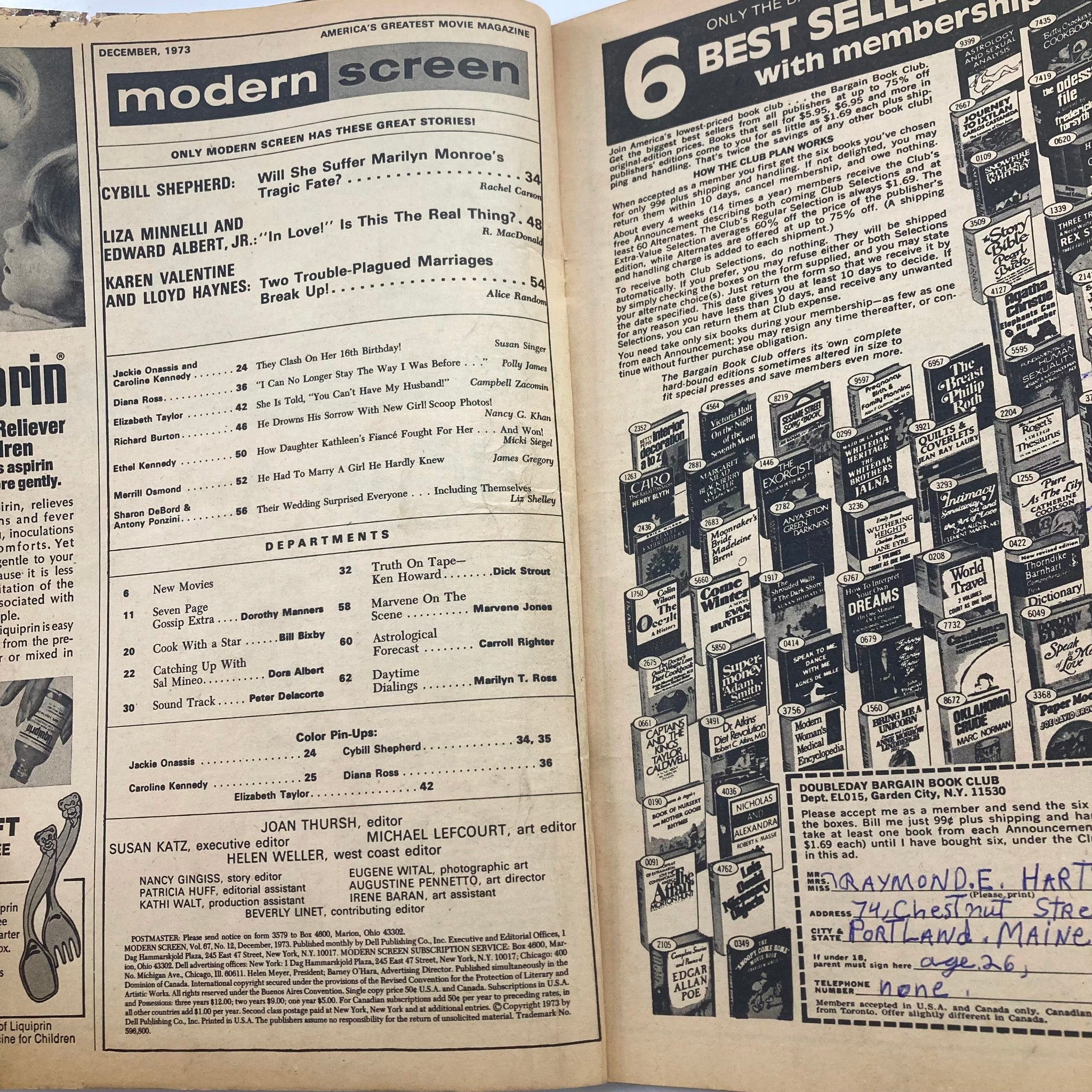 Interior page of the December 1973 Modern Screen magazine with articles and stories related to Liz Taylor and Richard Burton, revealing features and insights into the entertainment industry of the time