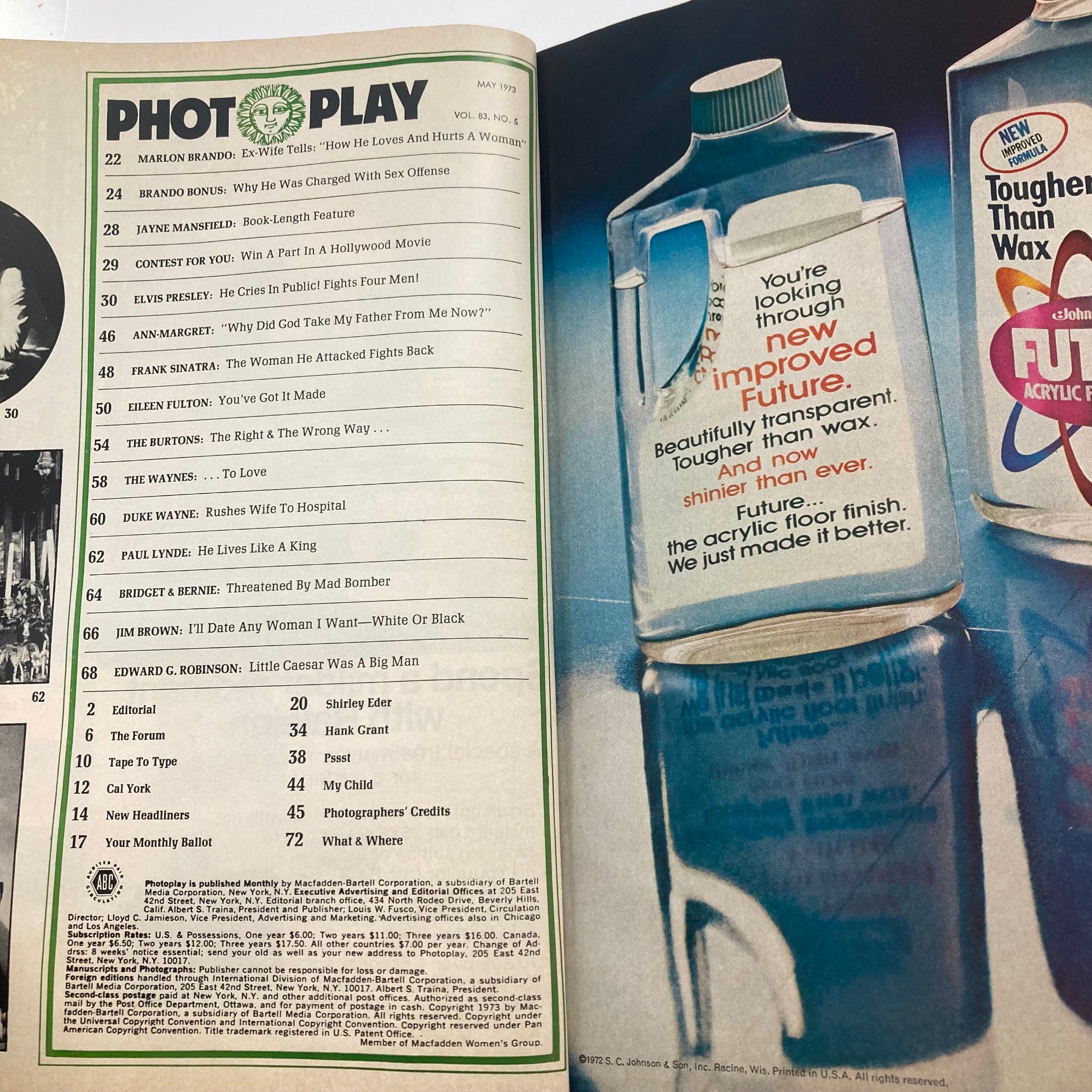 Interior page of Photoplay Magazine May 1973 Vol 83 #5 showcasing the contents including articles about Marlon Brando, Frank Sinatra, and John Wayne. Provides a glimpse into the popular culture of the 1970s film industry.