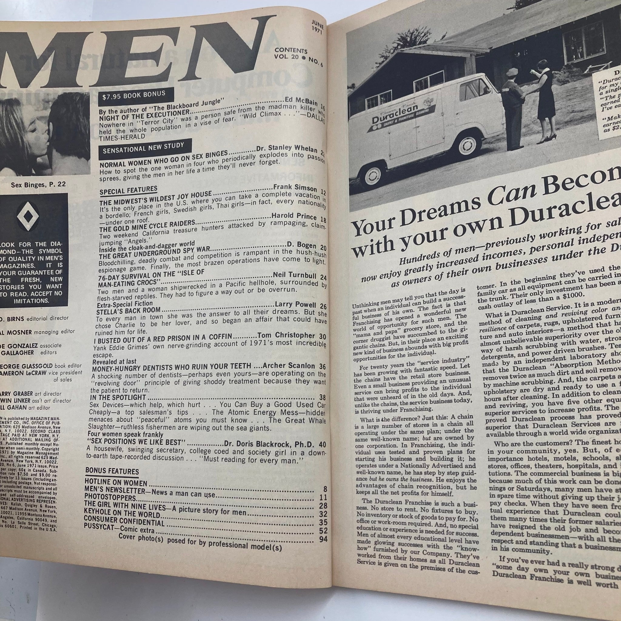 Interior page of VTG Men Magazine June 1971 Vol 20 #6 displaying the contents section. The page features various articles, including 'Normal Women Who Go on Sex Binges', reflecting the magazine's diverse themes and storytelling style of the era.