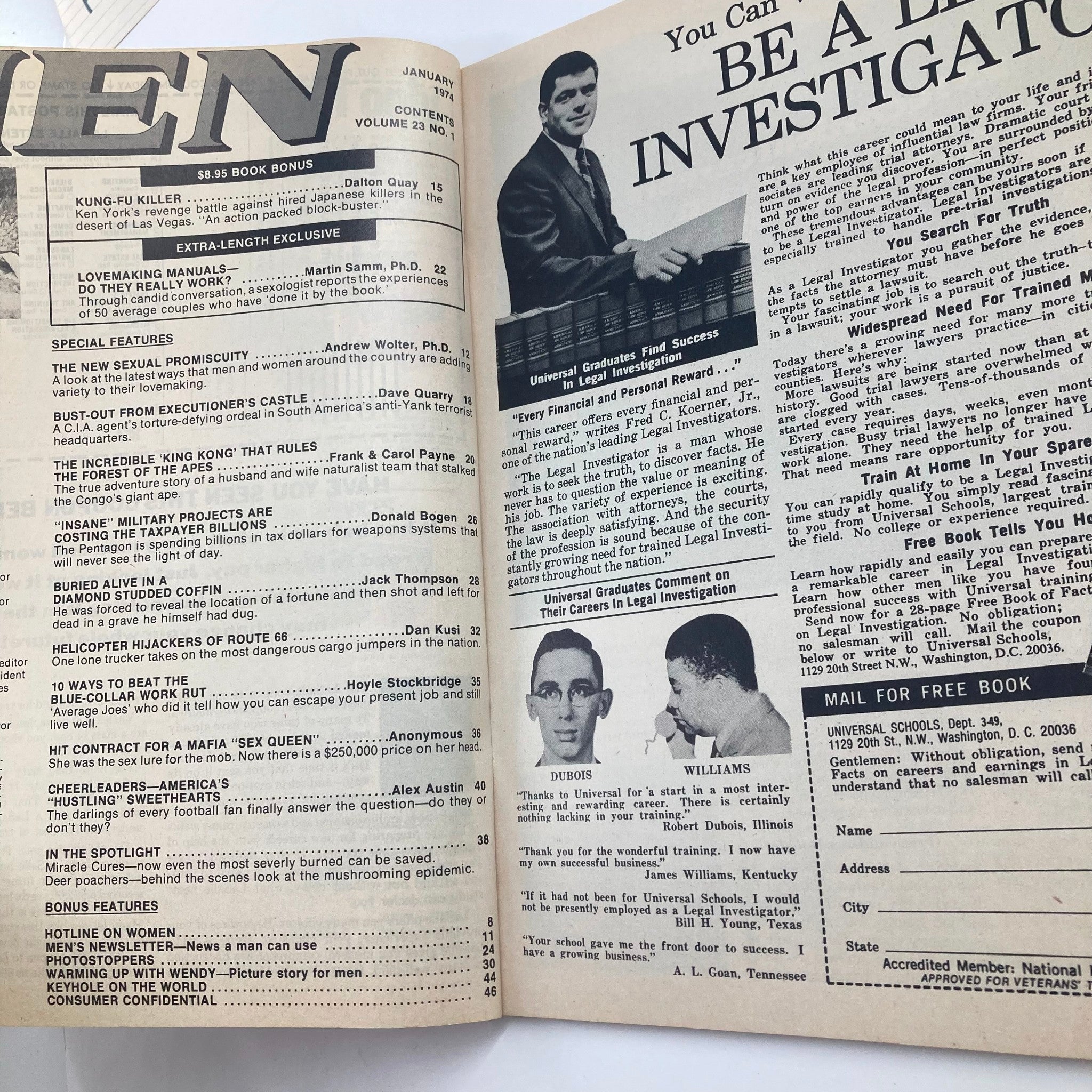 Interior page of VTG Men Magazine January 1974 Vol 23 #1, showcasing table of contents including articles on 'The New Sexual Promiscuity' and various exciting features from the magazine.