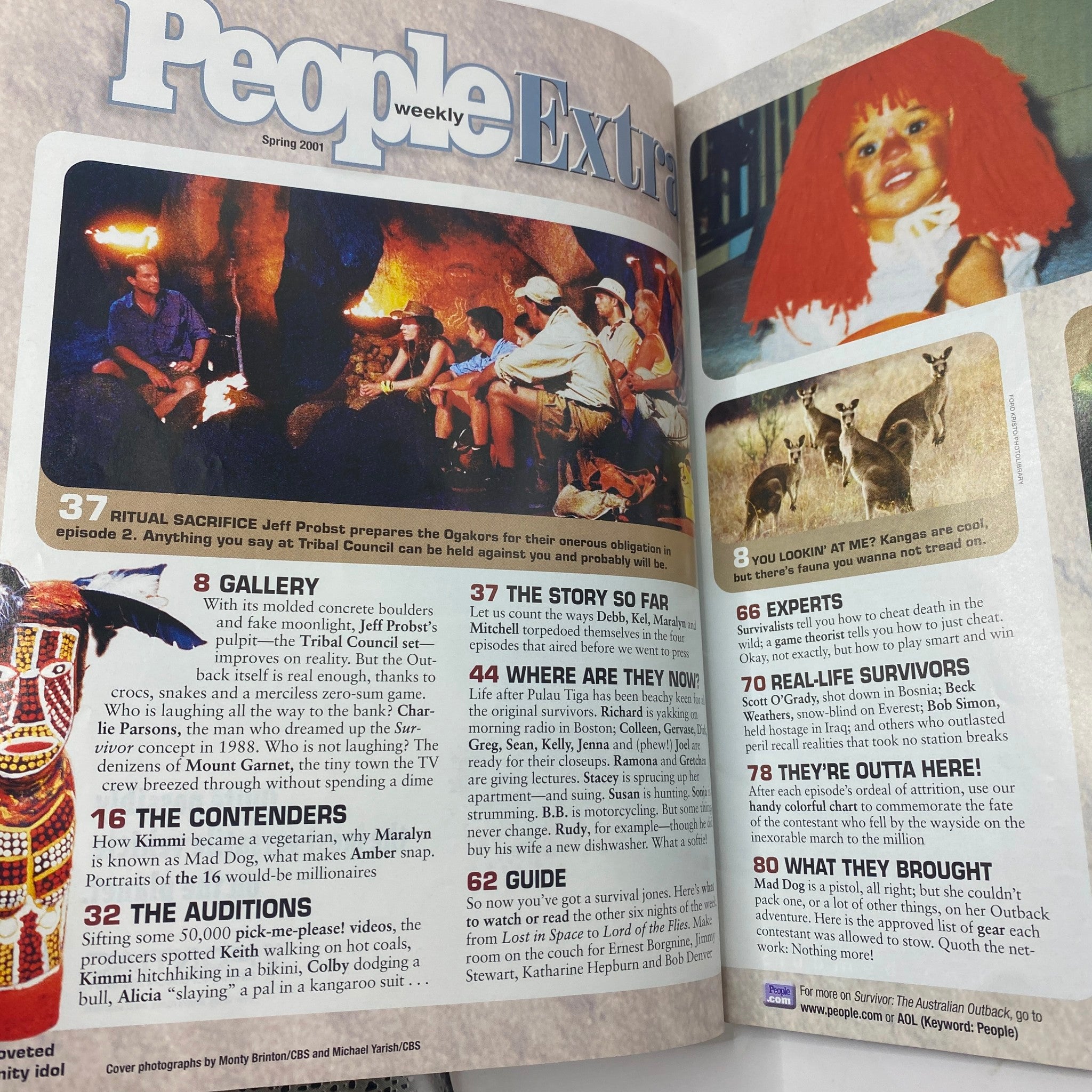 Inside pages of People Weekly Extra Magazine Spring 2001 All About Survivor, showcasing articles and visuals related to Survivor, including cast members and segments.