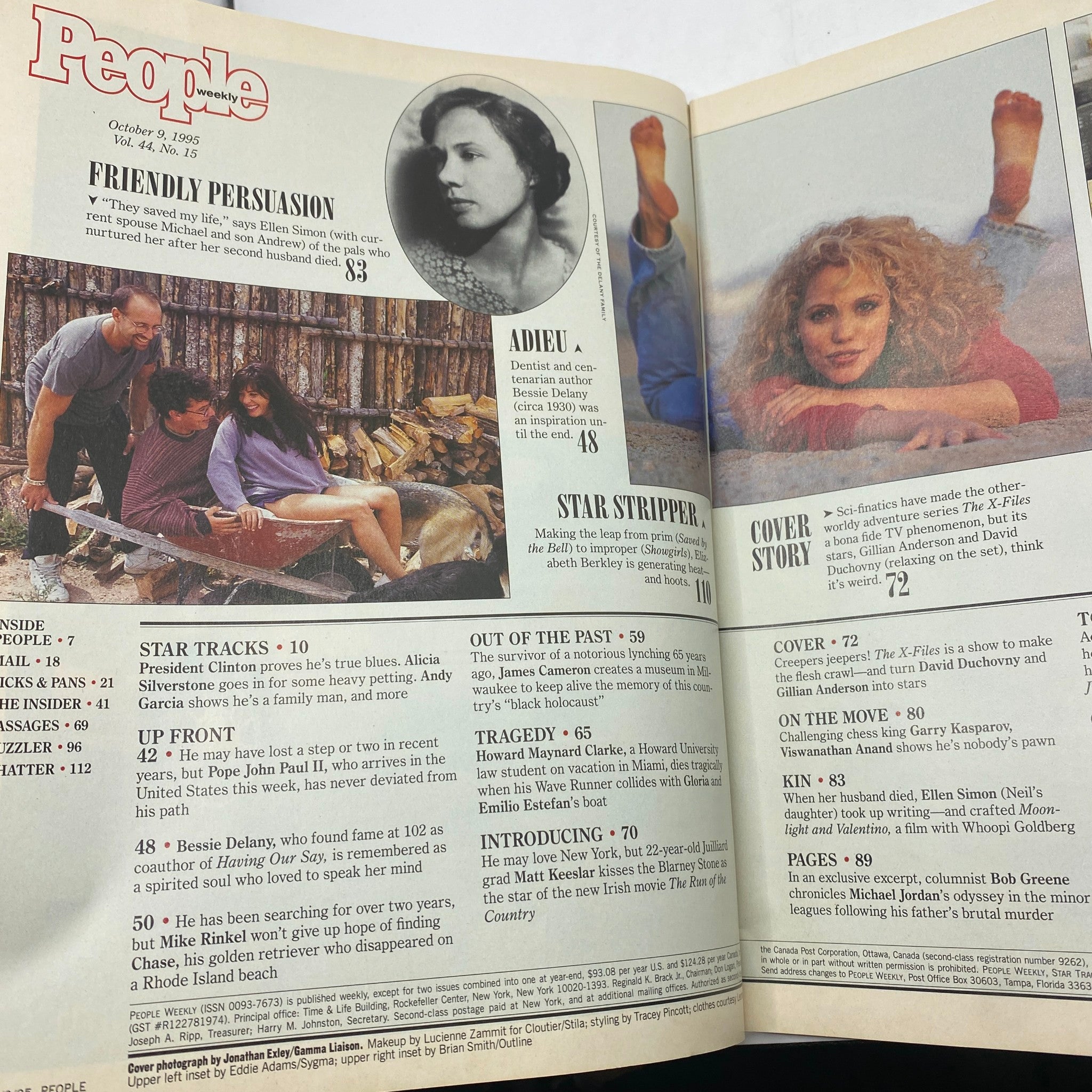 Interior page of People Weekly Magazine from October 9, 1995 showing various sections including 'Star Tracks' and the cover story about David Duchovny and Gillian Anderson.