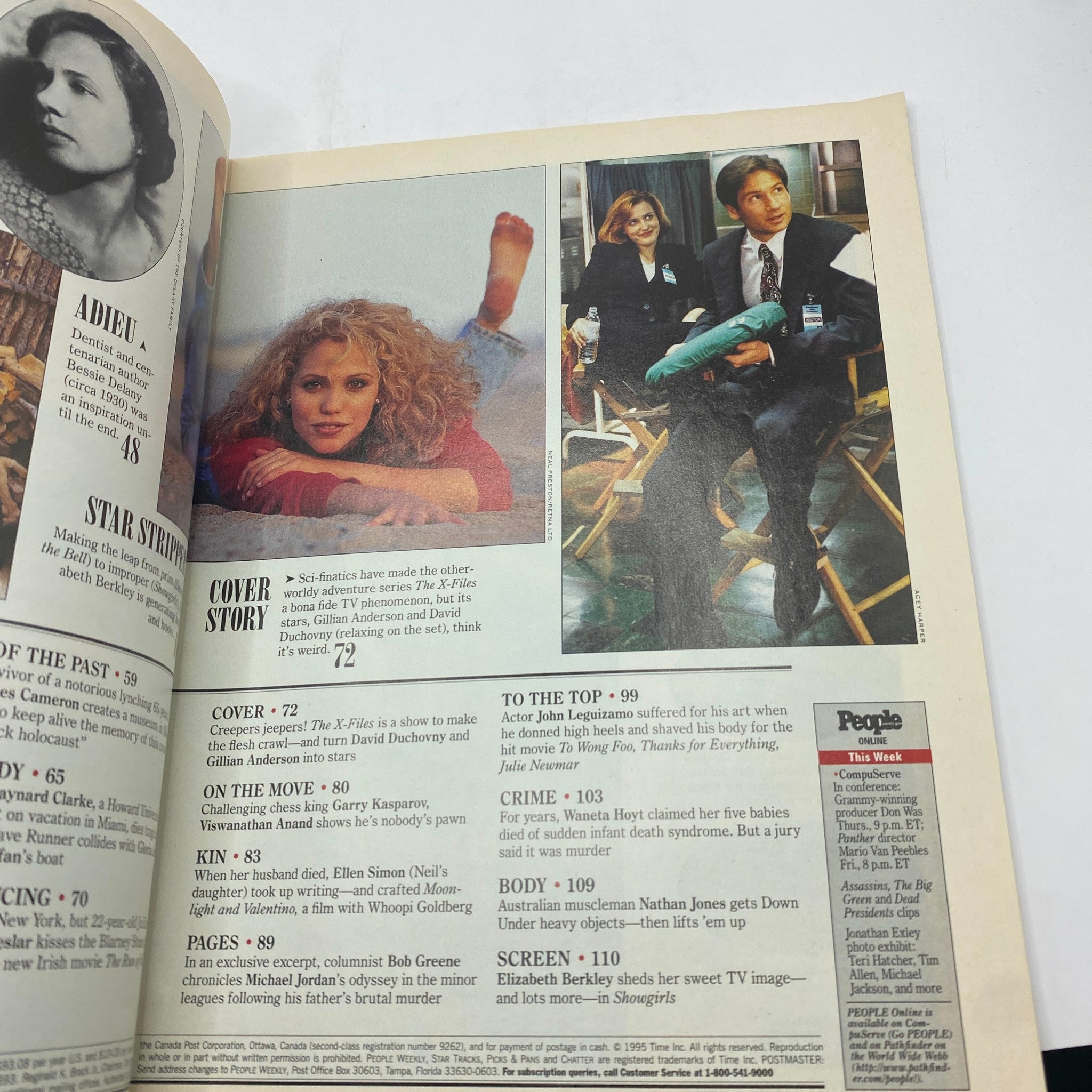 Another interior page of People Weekly Magazine October 9, 1995, featuring a detailed cover story on David Duchovny and Gillian Anderson from 'The X-Files' and other entertainment news.