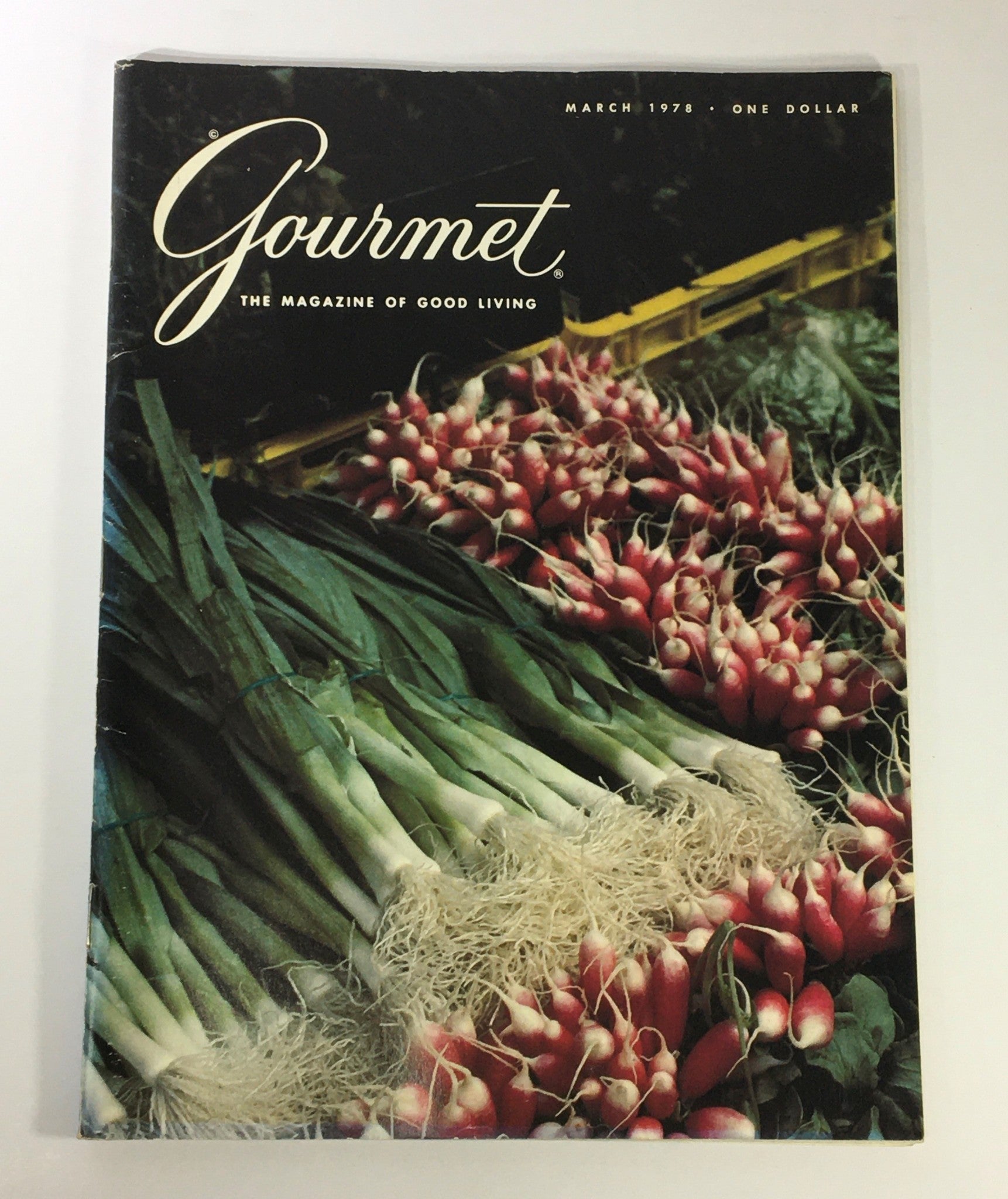 VTG Gourmet The Magazine of Good Living March 1978 cover featuring fresh leeks and radishes, showcasing culinary art from the 1970s.