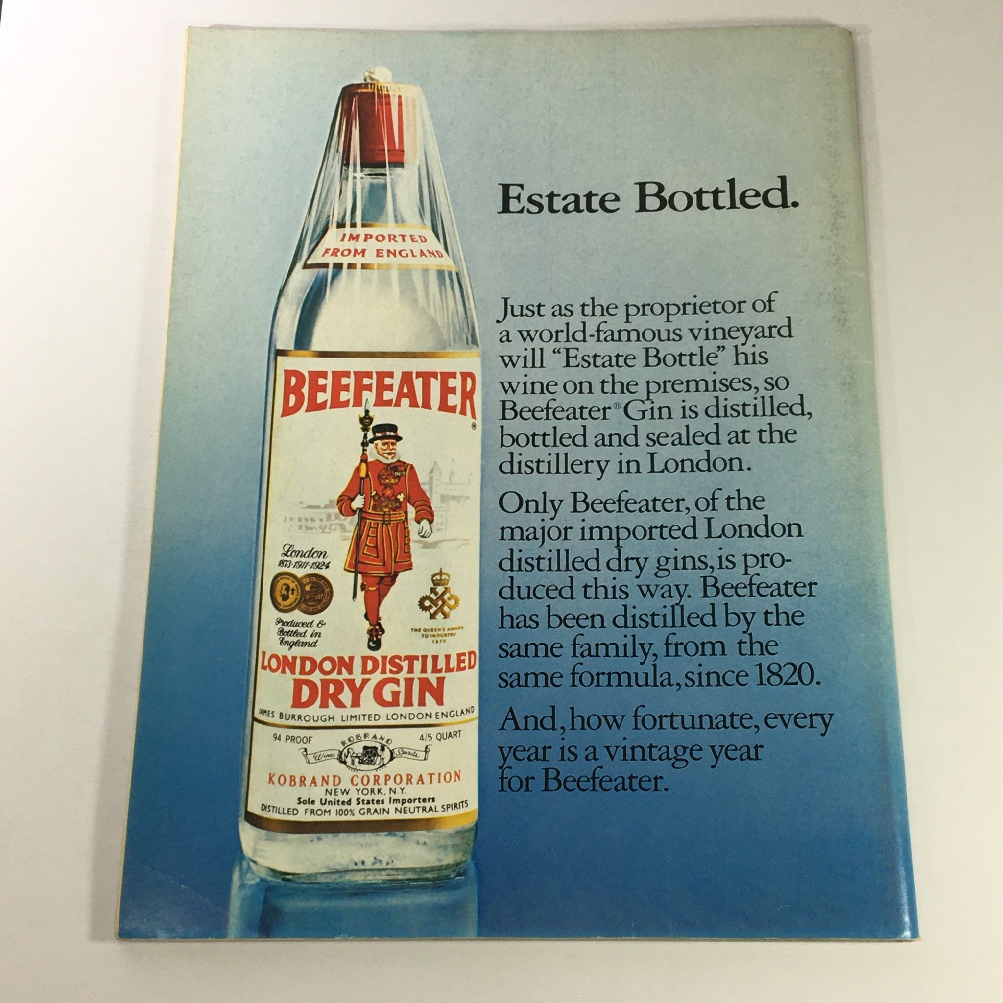 Advertising page for Beefeater London Distilled Dry Gin from the VTG Gourmet The Magazine of Good Living March 1978, highlighting the gin's estate bottling.