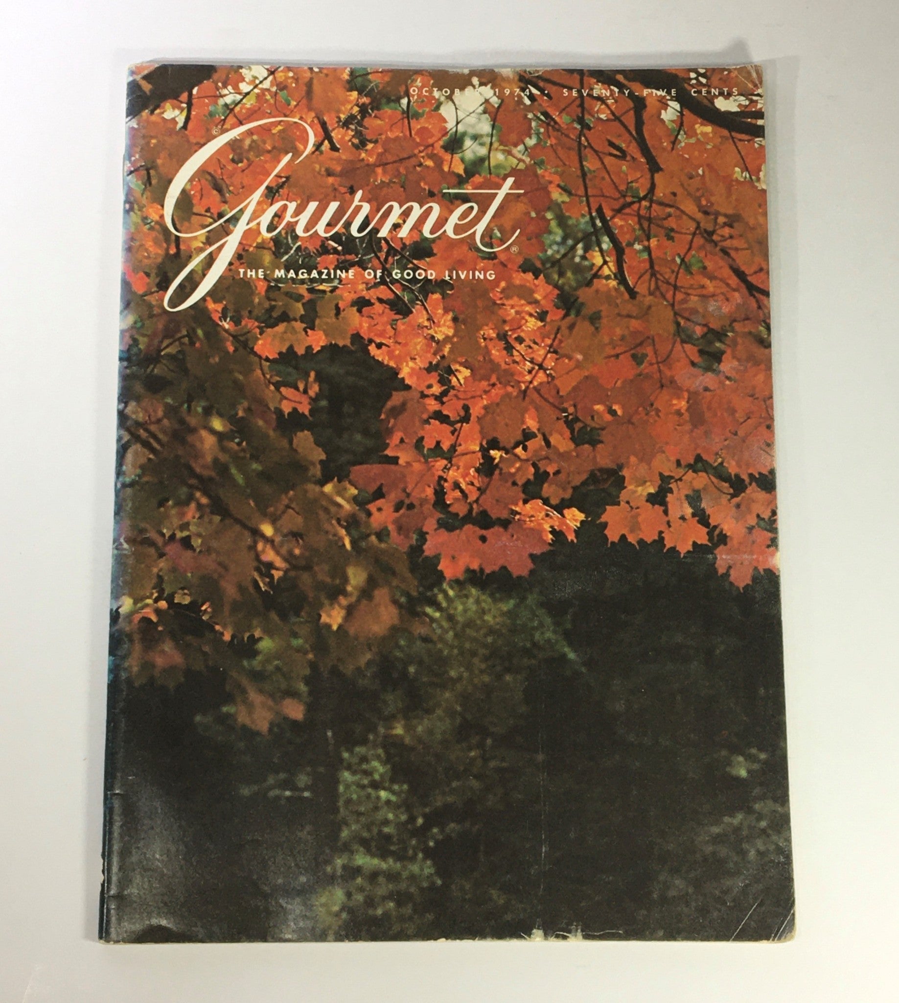 Cover of VTG Gourmet The Magazine of Good Living, October 1974, featuring vibrant fall leaves and showcasing gourmet culinary themes.