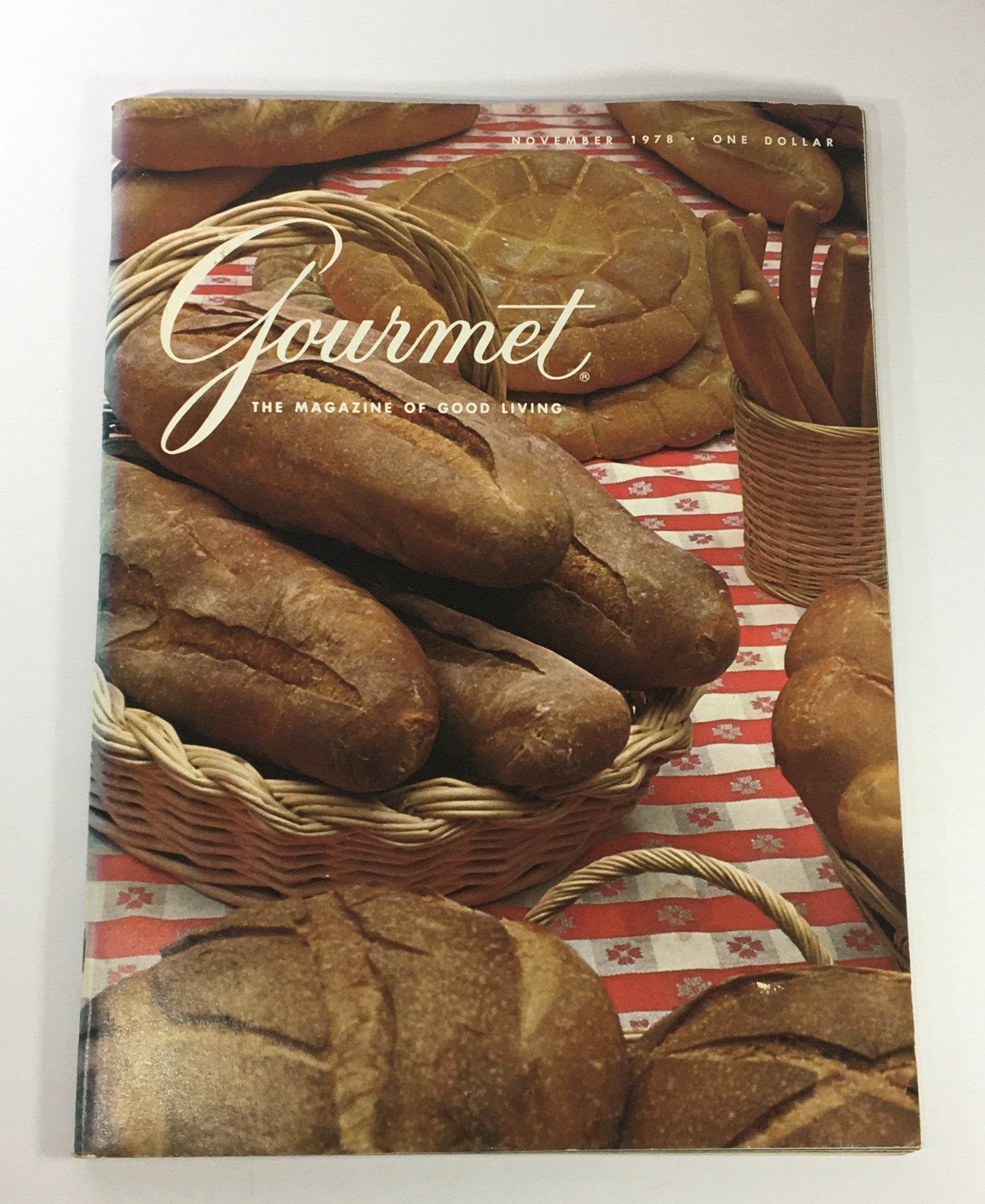 Cover of VTG Gourmet The Magazine of Good Living, November 1978, featuring various types of artisan bread displayed in a basket on a red checkered tablecloth.