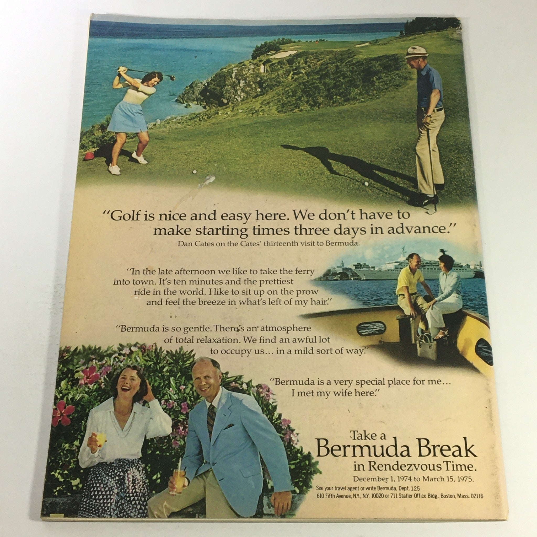 Back cover of VTG Gourmet The Magazine of Good Living, January 1975, presenting a promotional ad for a Bermuda vacation, highlighting leisure activities and vibrant imagery.